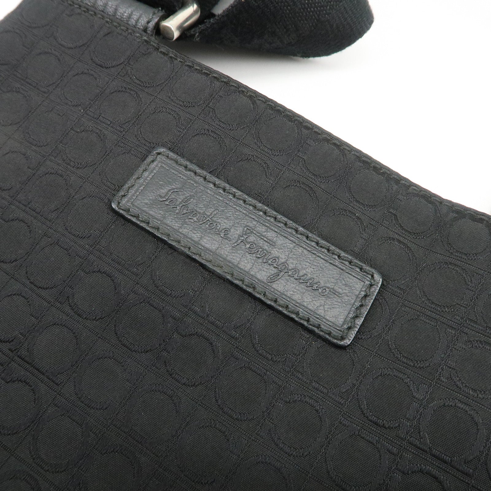 Ferragamo Gancini Canvas Shoulder Bag Black Silver HDW