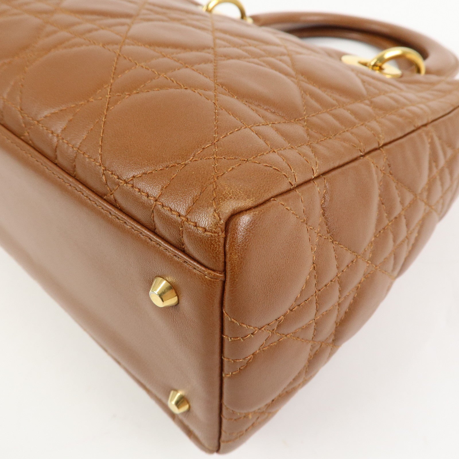 Christian Dior Canage Lady Dior Lamb Skin Hand Bag Tote Bag Brown