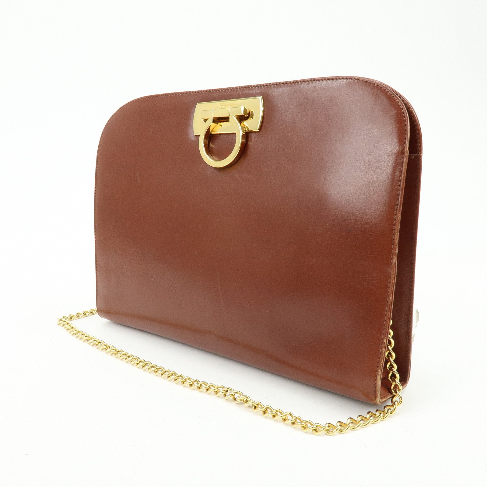 Ferragamo Gancini Calf Skin Leather Chain Shoulder Bag Brown