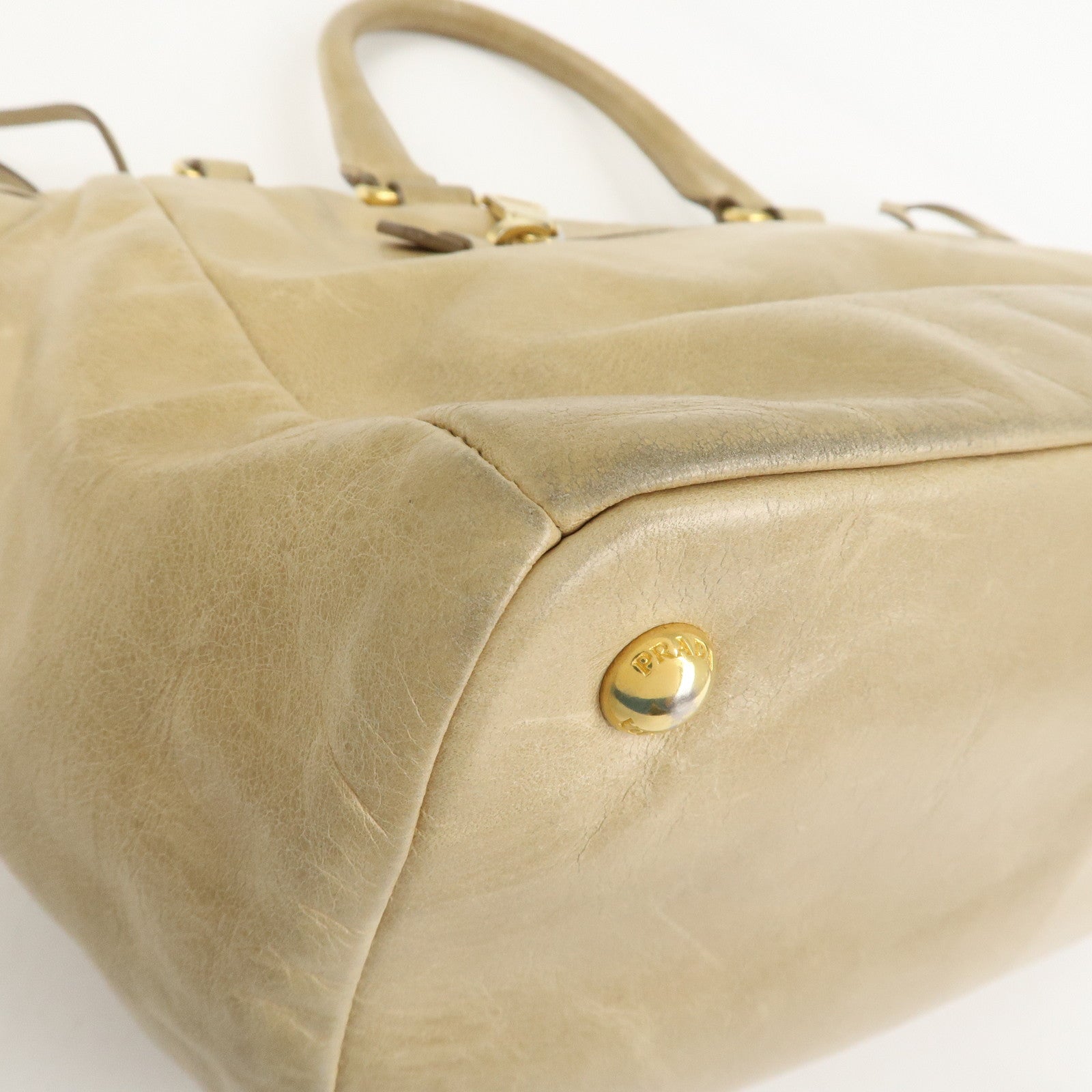 PRADA Triangle Logo VITELLOSHINE Leather 2Way Bag Beige BN1921