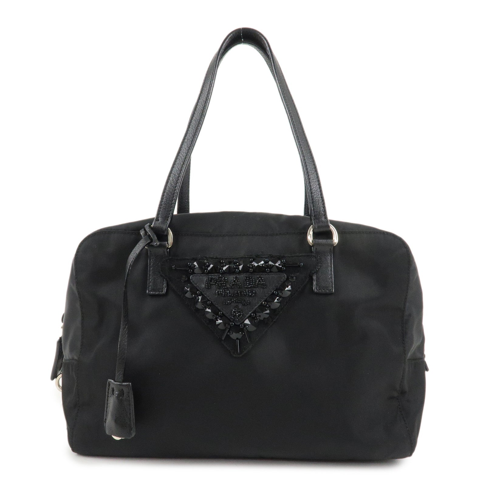 PRADA Evening Triangle Logo Leather Nylon Bijou Boston Bag Shoulder Bag Used