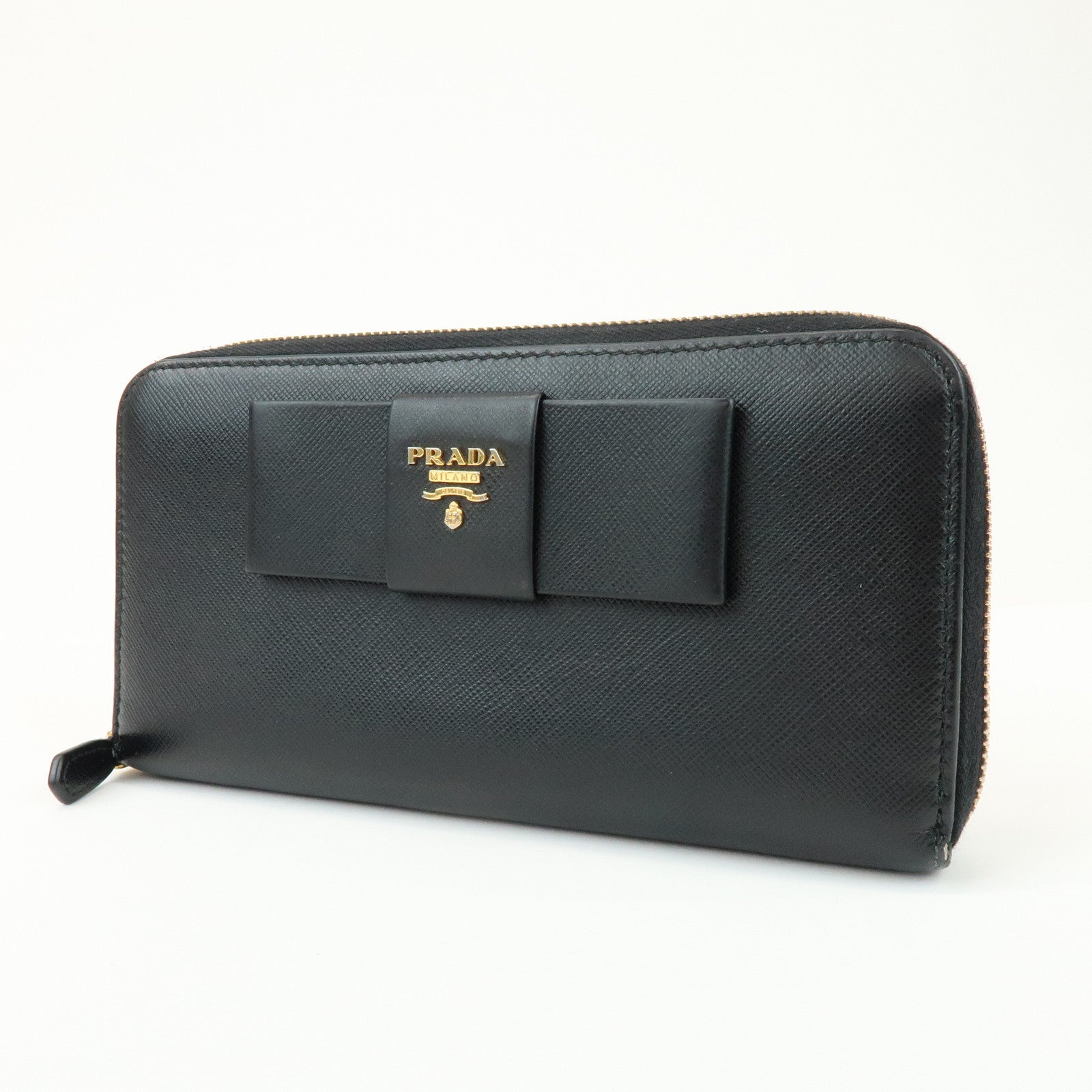 PRADA Saffiano Leather Ribbon Round Zippy Wallet Black 1M0506