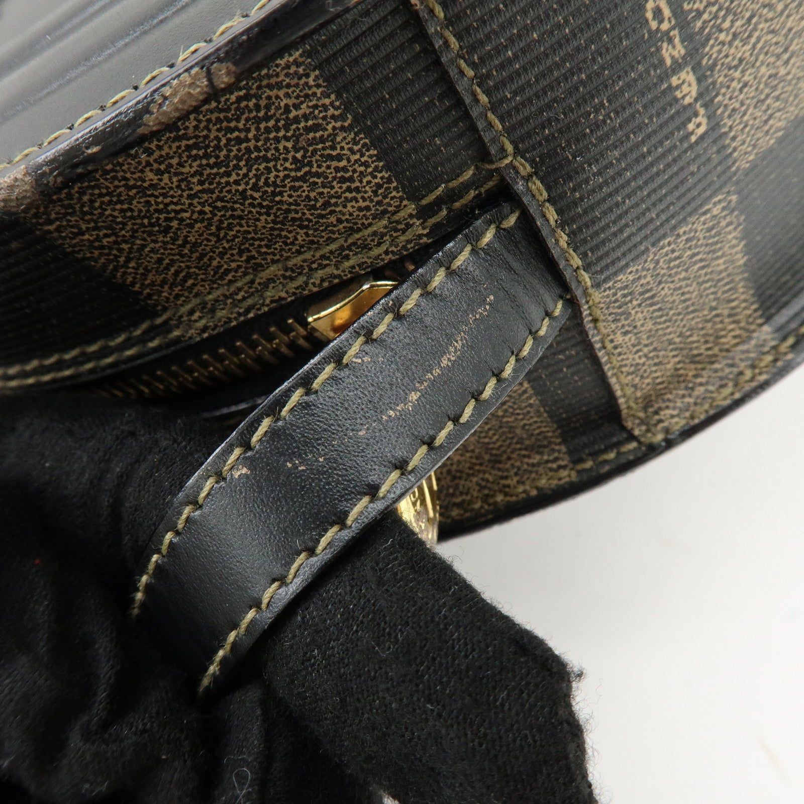 FENDI Leather PVC Round Shoulder Bag Checker Pattern Black Brown