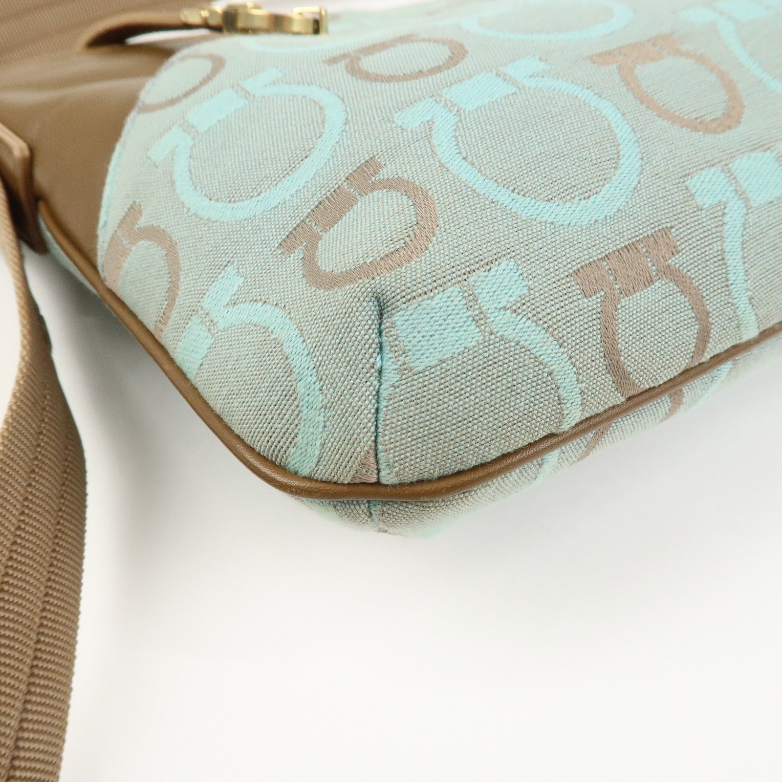 Ferragamo Gancini Logo Canvas Leather Shoulder Bag Light Blue Brown