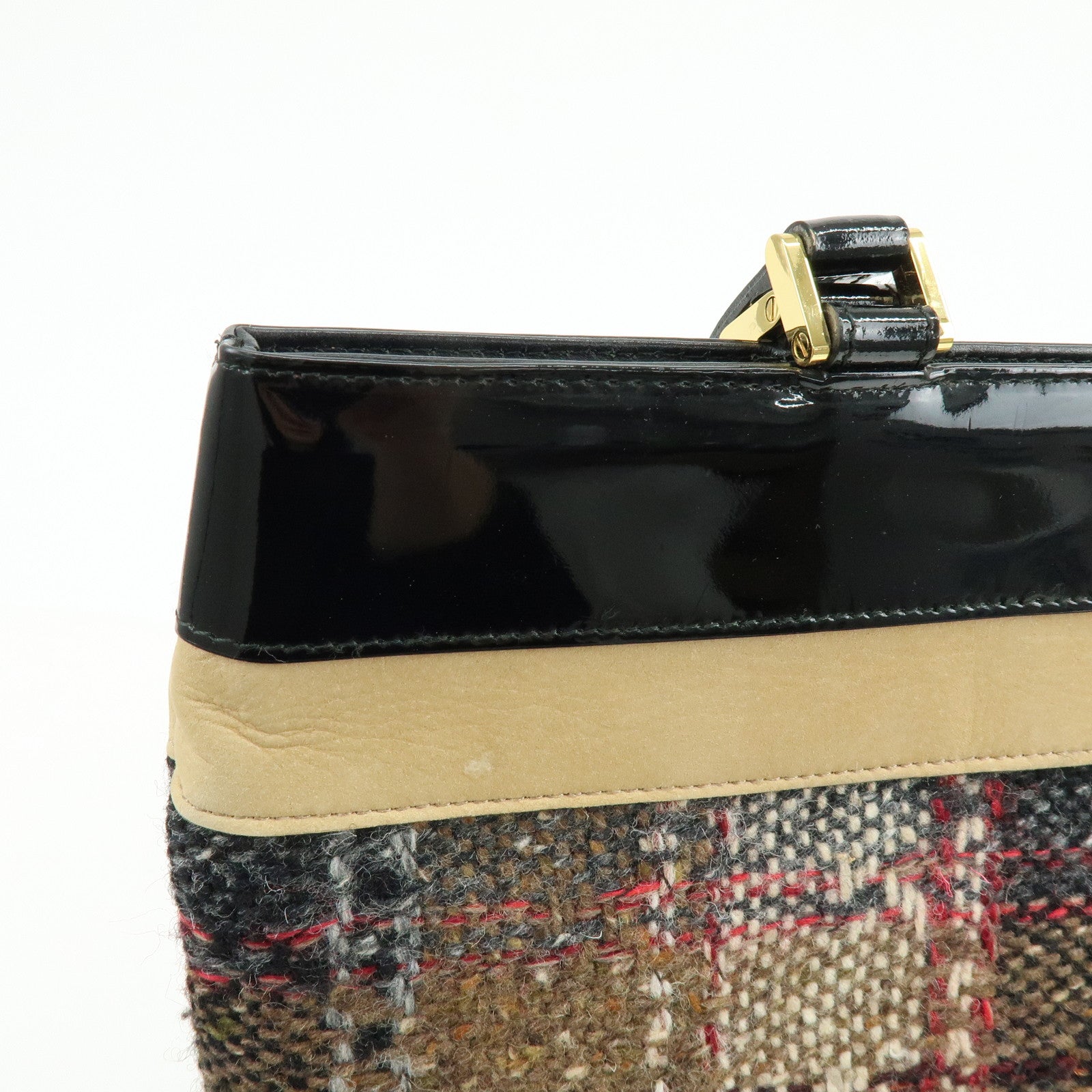 BURBERRY Tweed Patend leaether Suede Tote Bag Beige Black