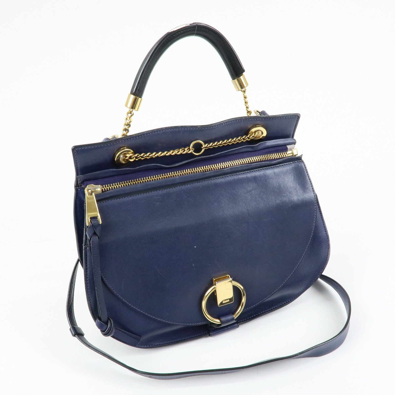 Chloe Goldie Leather Suede 2Way Hand Bag Shoulder Bag Navy