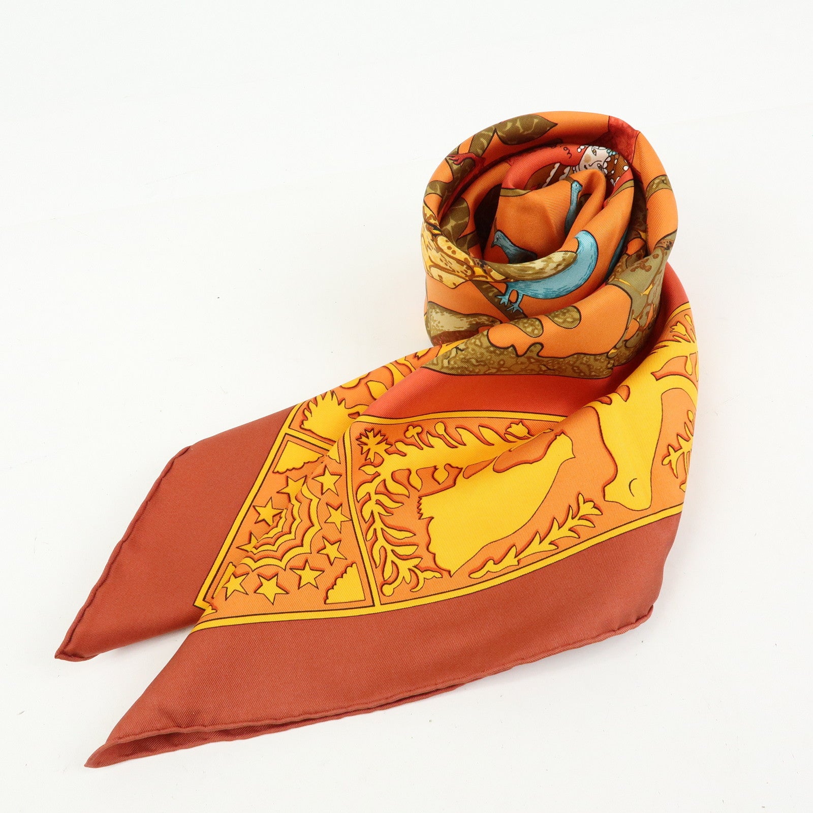 HERMES Carre 90 Silk 100% Scarf EARLY AMERICA Orange Brown