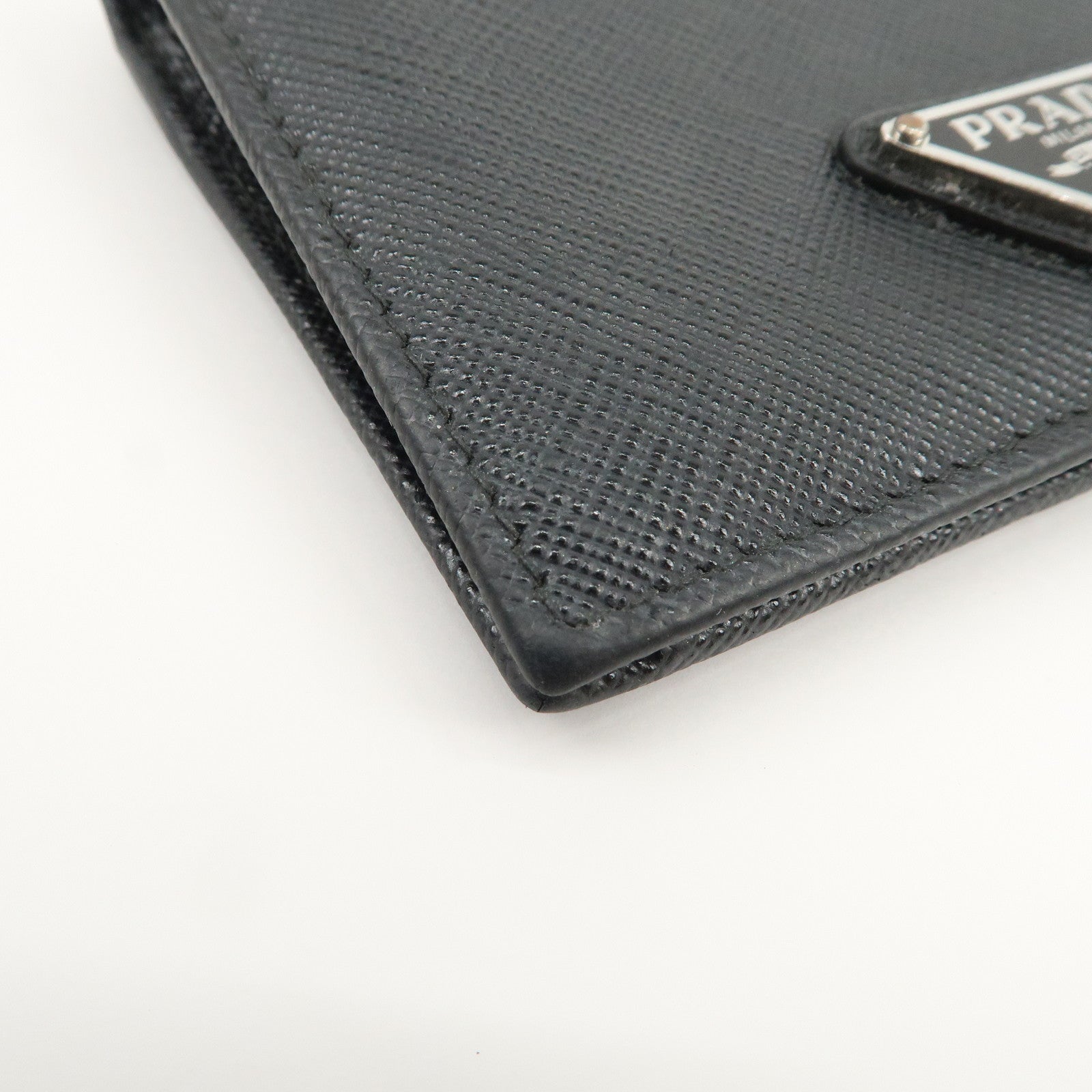 PRADA Triangle Logo Saffiano Leather Bi-Fold Compact Wallet Black
