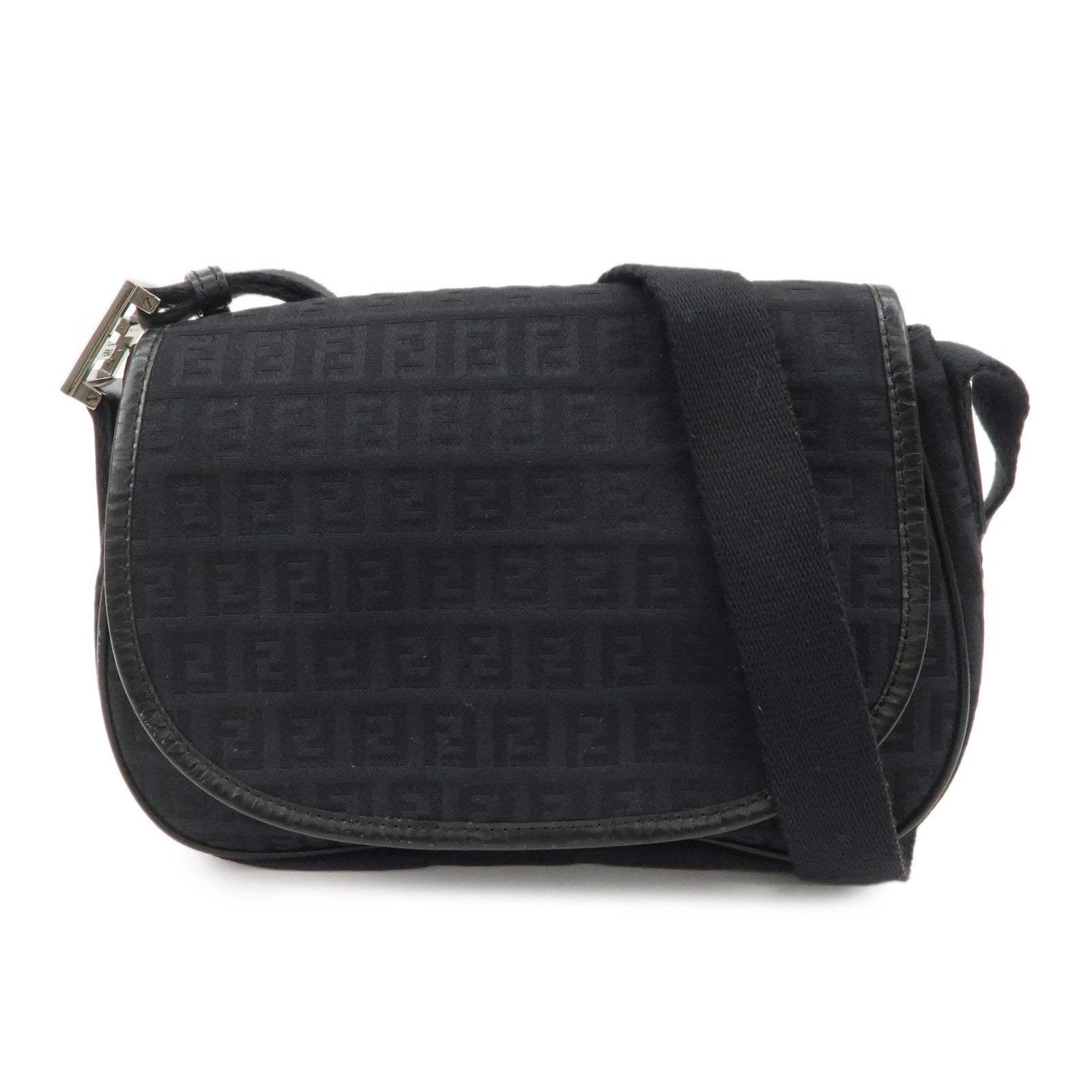 FENDI Zucchino Canvas Leather Shoulder Bag Black 8BR320