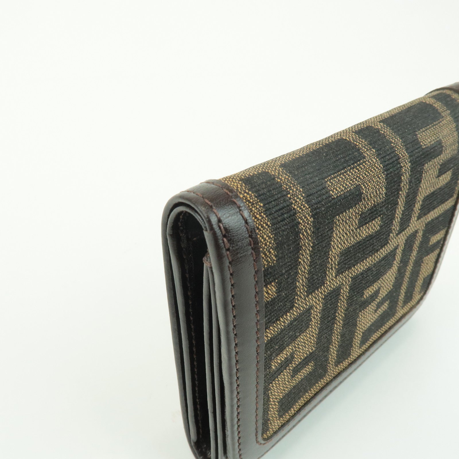 FENDI Zucca Leather Canvas Tri-fold Wallet Black Brown 30794 Used
