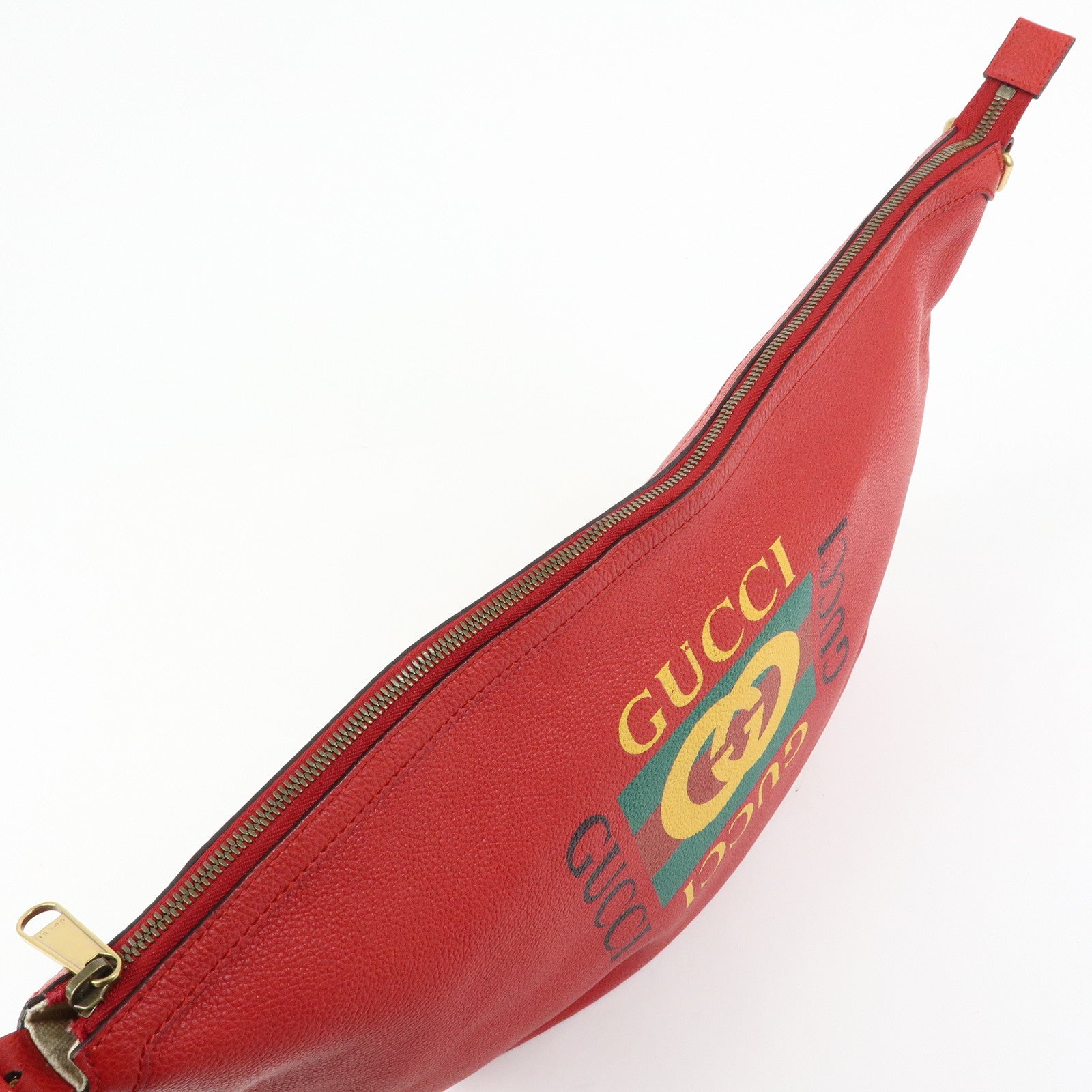 GUCCI Logo Sherry Half Moon Leather Shoulder Bag Red 523588