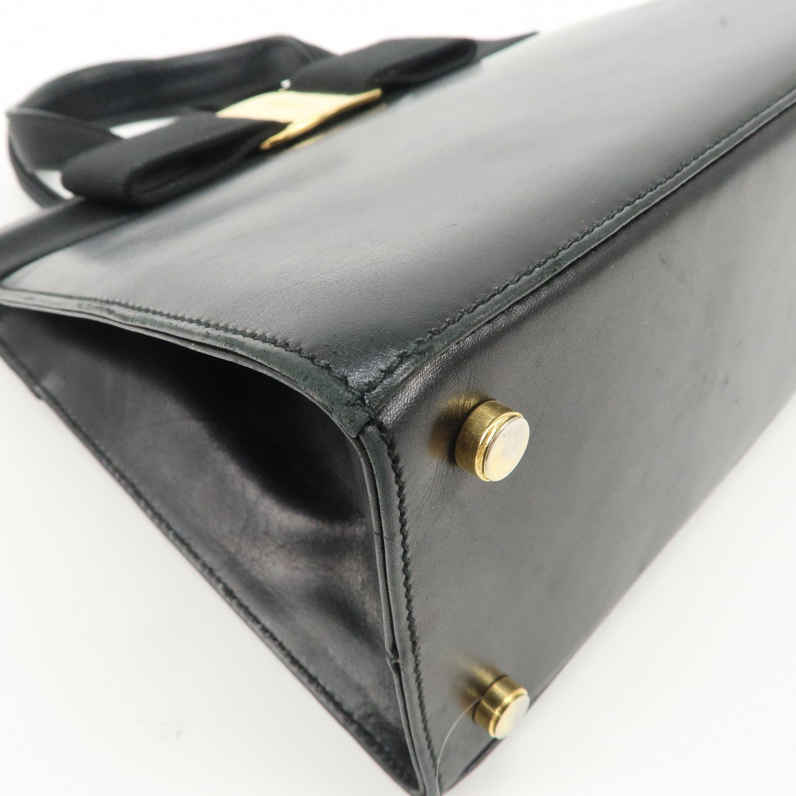 Ferragamo Vara Ribbon Leather Hand Bag Black Gold HDW