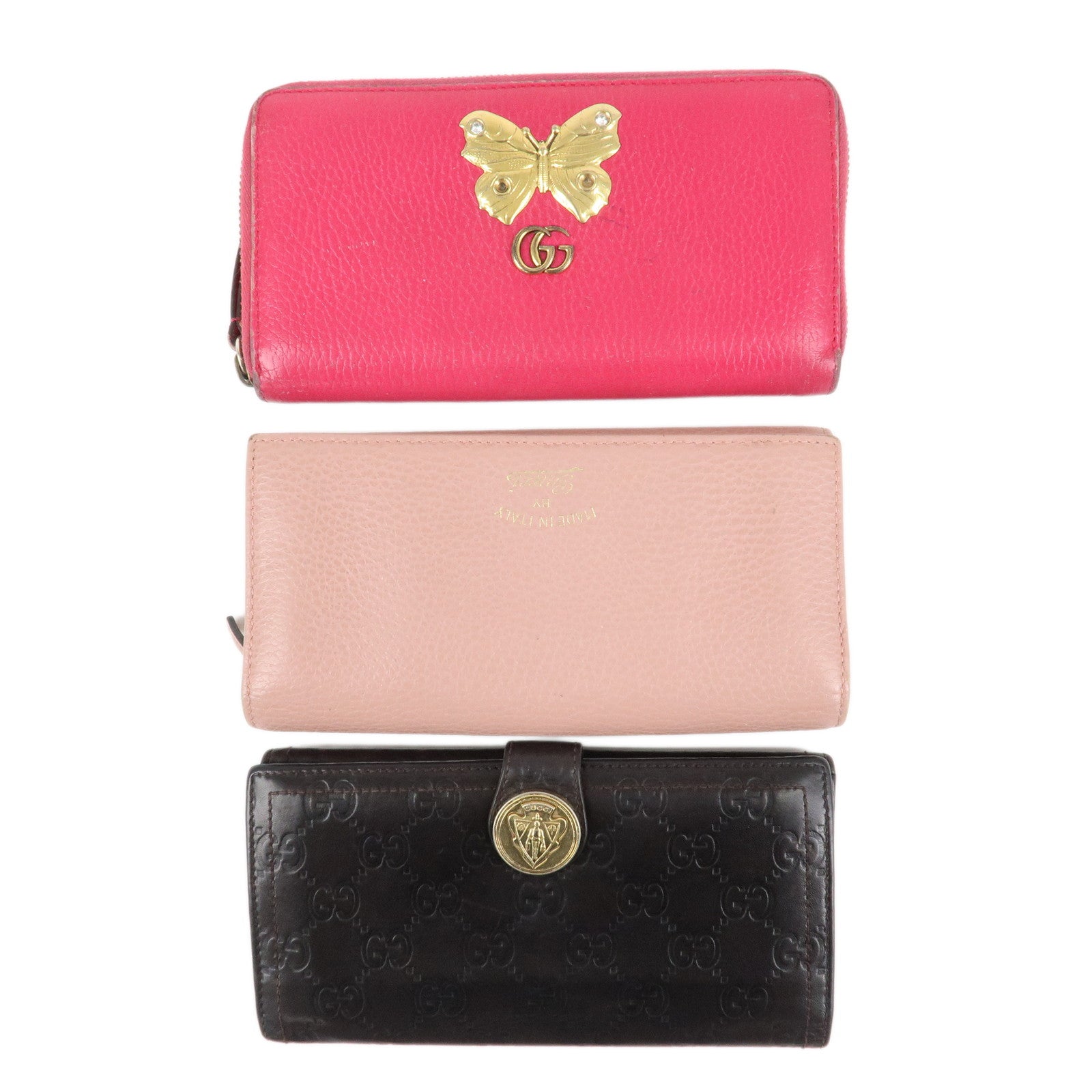 GUCCI Set of 3 Leather Long Wallet Round Zippy Wallet Bi-fold Wallet Dark Brown Pink Used