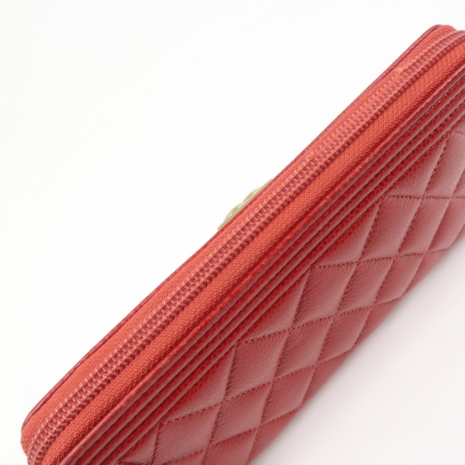 CHANEL BOY CHANEL Caviarskin Round Zippy Wallet Red Gold A68912