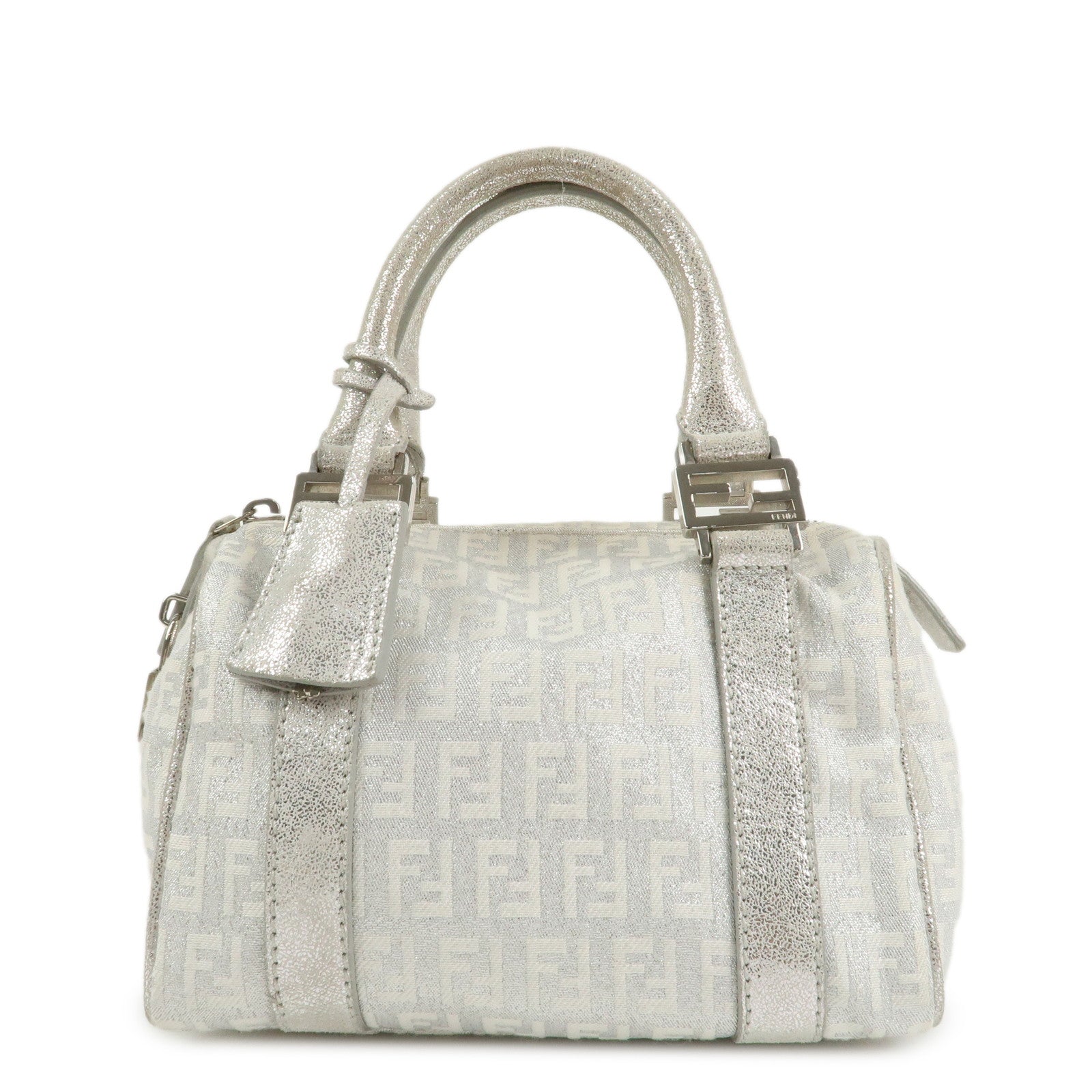 FENDI Zucchino Canvas Leather Mini Boston Bag Silver White 8BL071 Used
