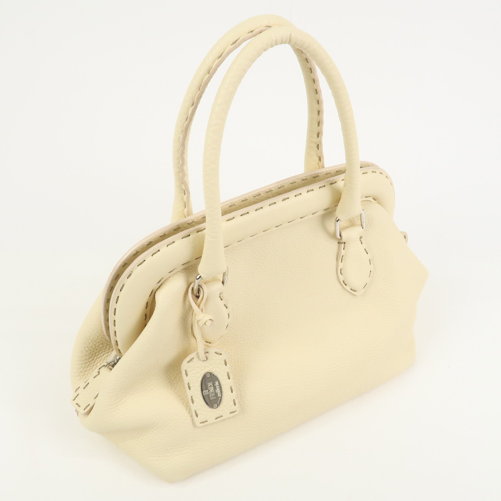 FENDI Selleria Leather Boston Bag Hand Bag Cream 8BN127