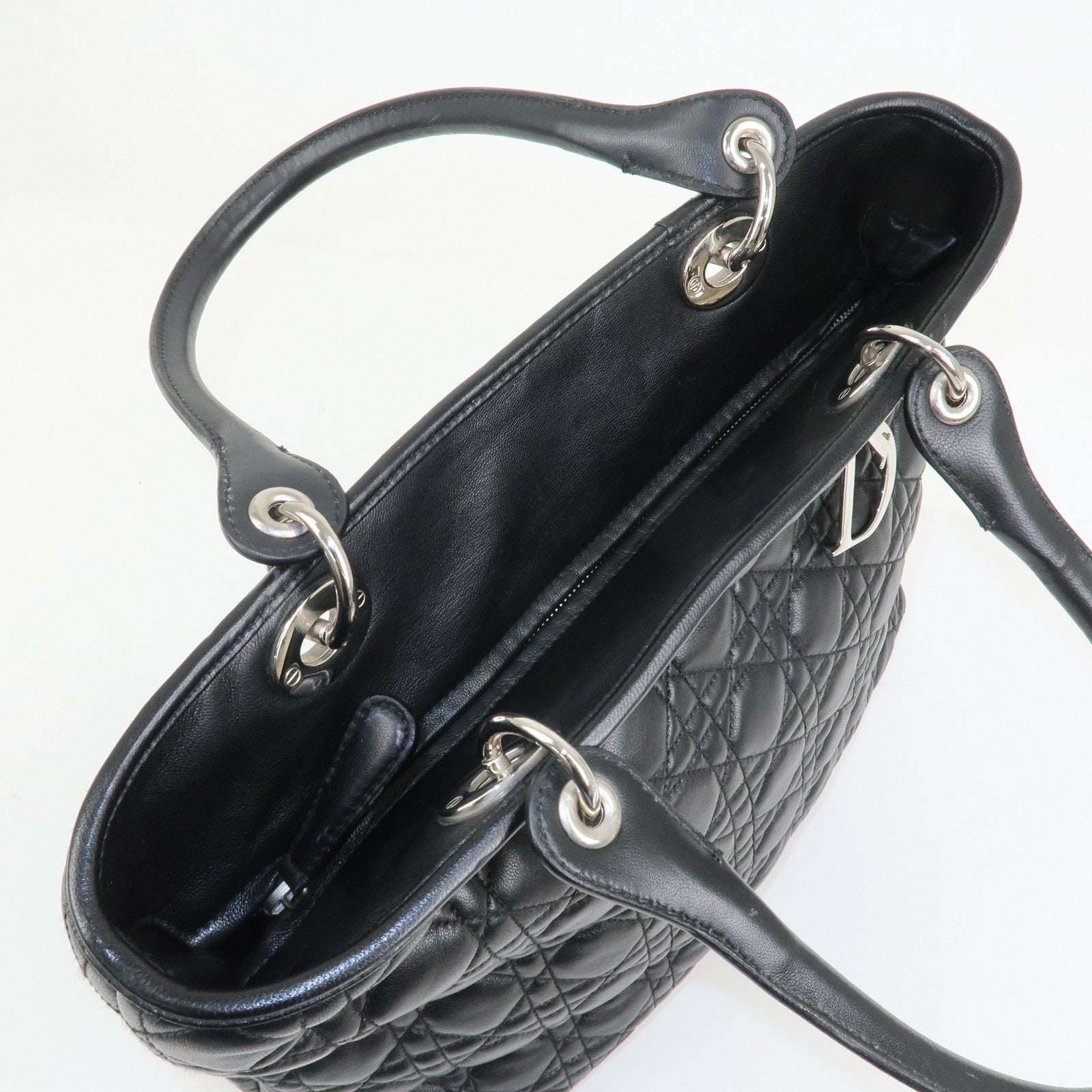 Christian Dior Lady Dior Cannage Leather Tote Bag Hand Bag Black