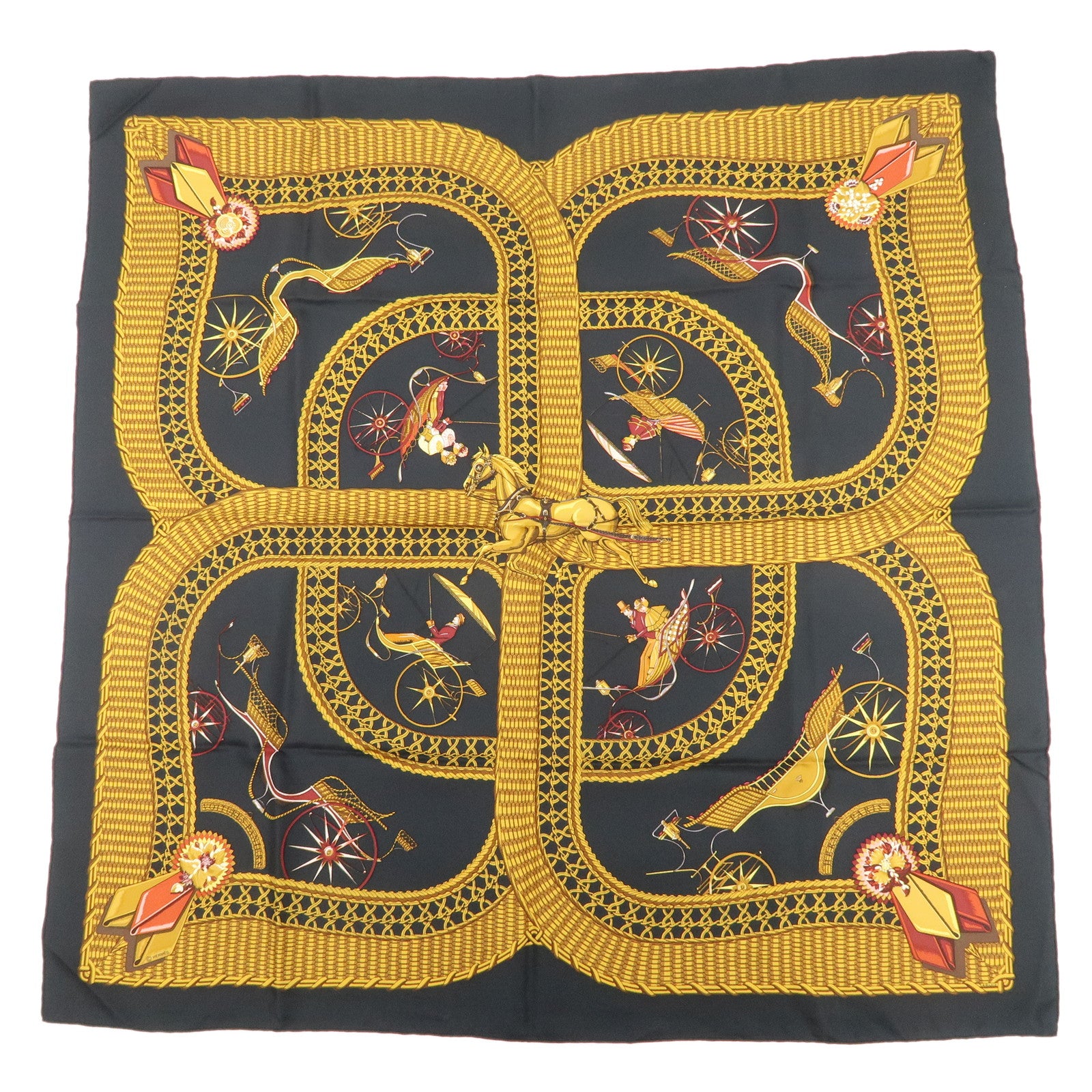 HERMES Carre 90 Silk 100% Scarf GRAND APPARAT Black Gold Used
