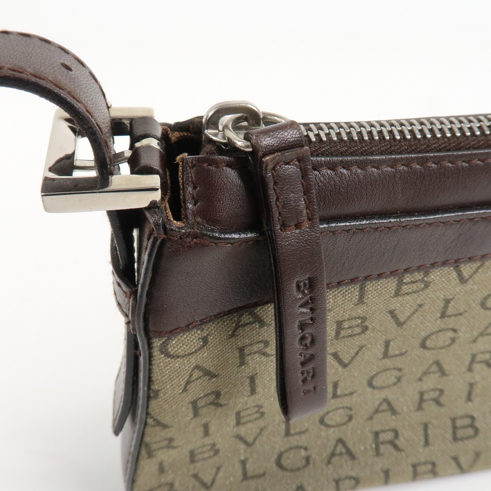 BVLGARI Logo Mania Canvas Leather Shoulder Bag khaki Dark Brown Used