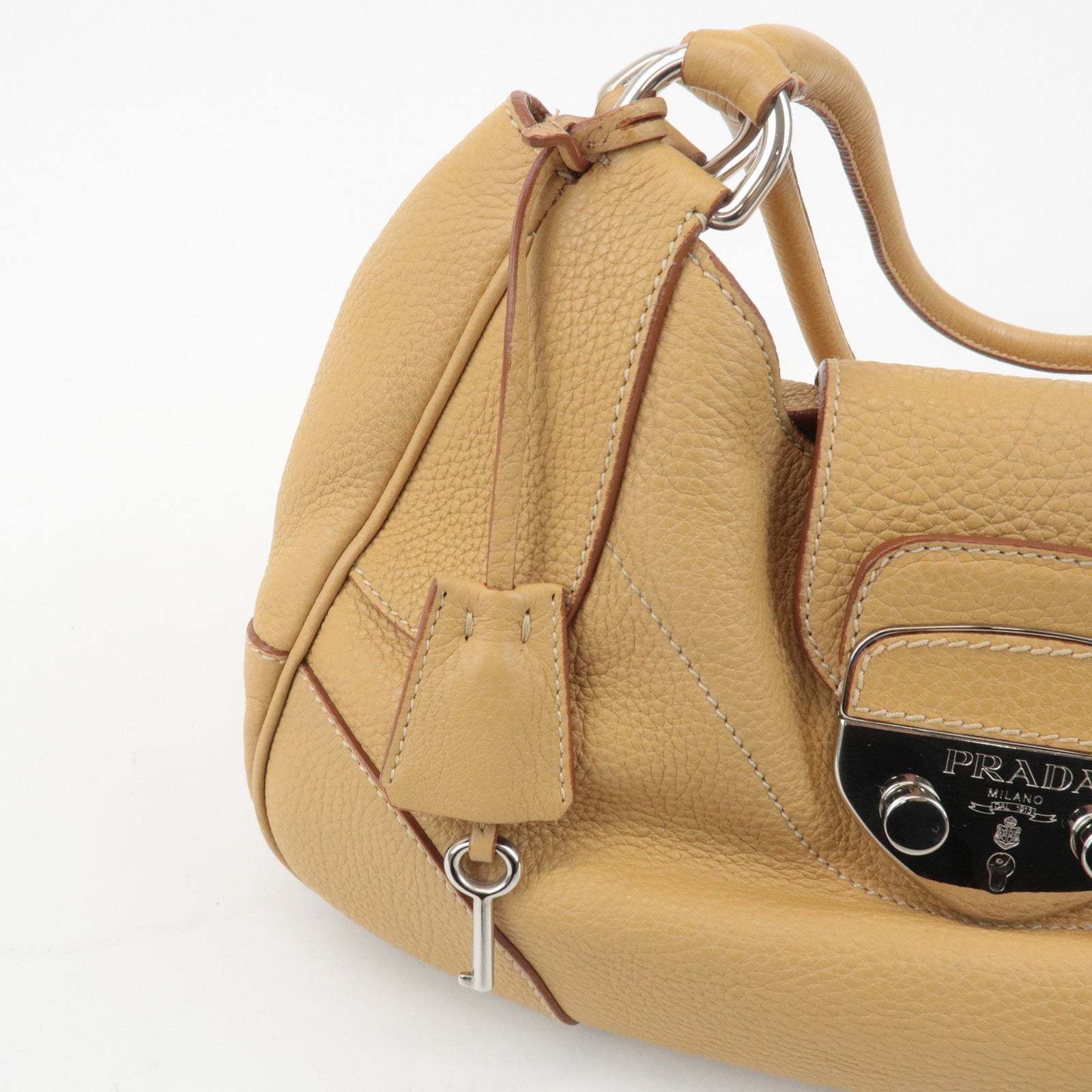 PRADA Leather Shoulder Bag Hand Bag Beige Silver HDW Used