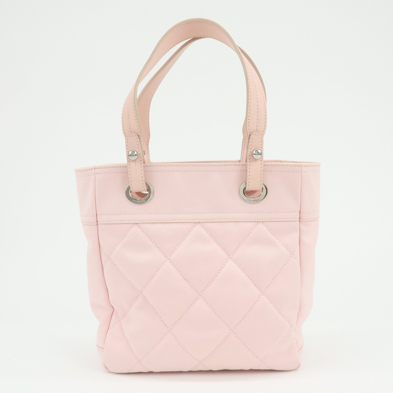CHANEL Paris Biarritz PM Canvas Leather Tote Bag Pink A34208