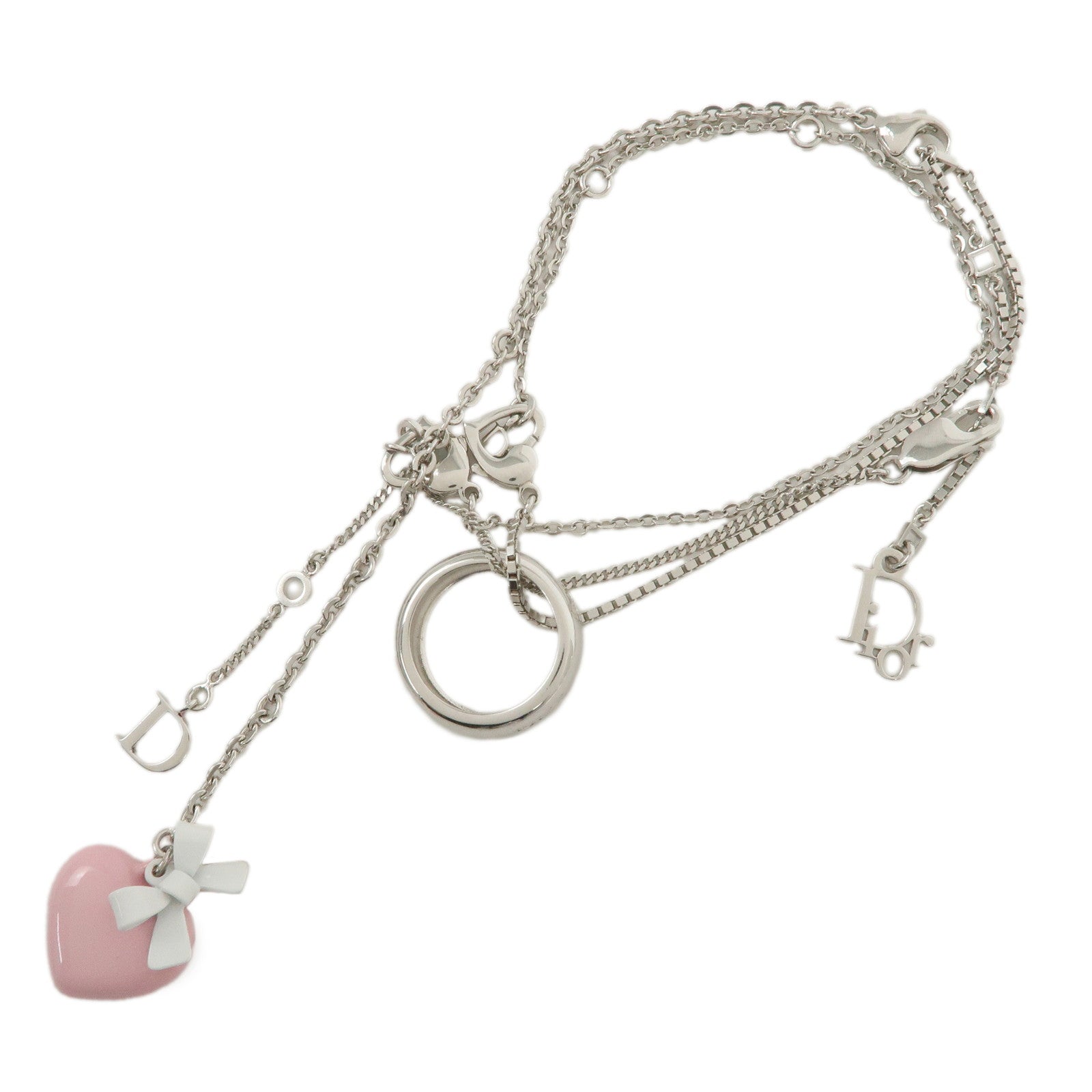 Christian Dior Metal Ring Ribbon Heart Motif Bracelet Silver Pink