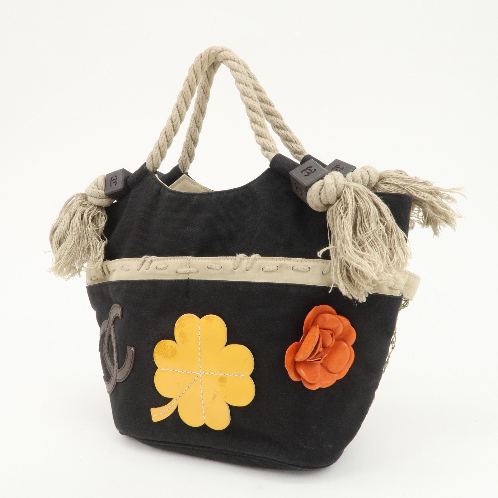 CHANEL COCO Mark Canvas Patent Leather Hand Bag Black Yellow