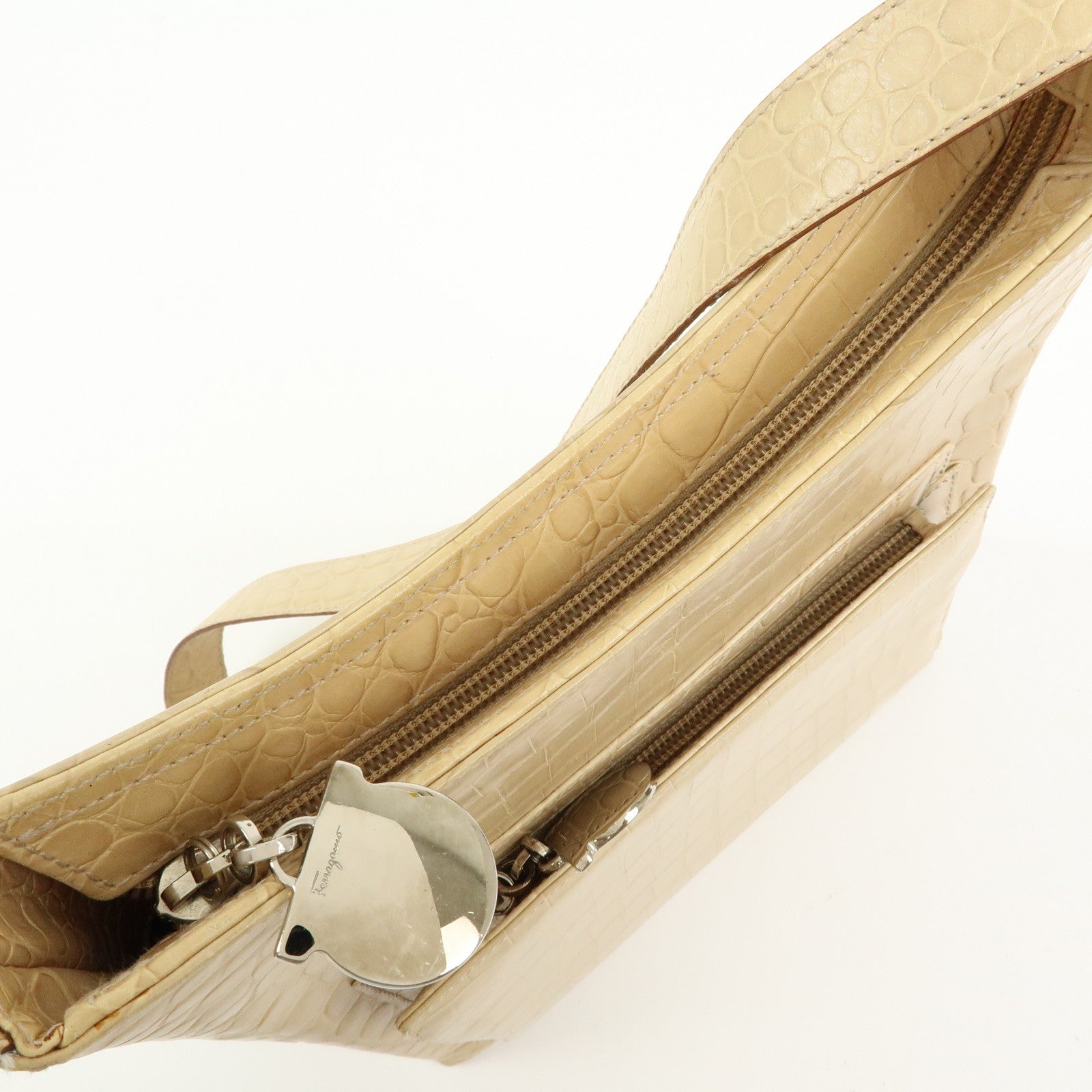 Ferragamo Gancini Embossed Leather Shoulder Bag Beige