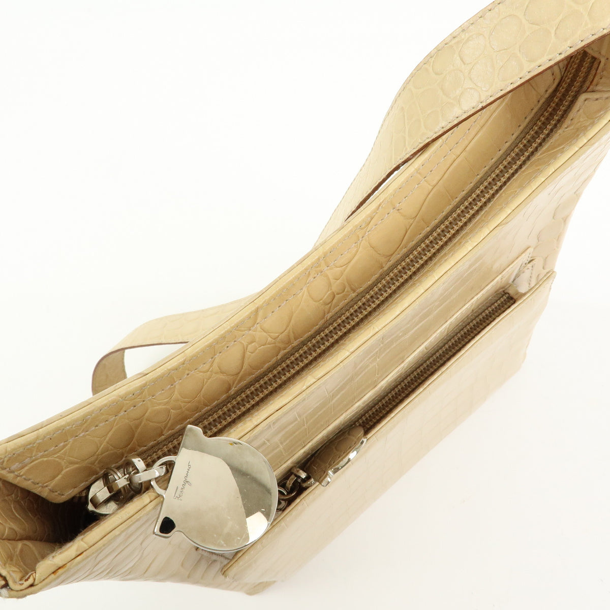 Ferragamo Gancini Embossed Leather Shoulder Bag Beige