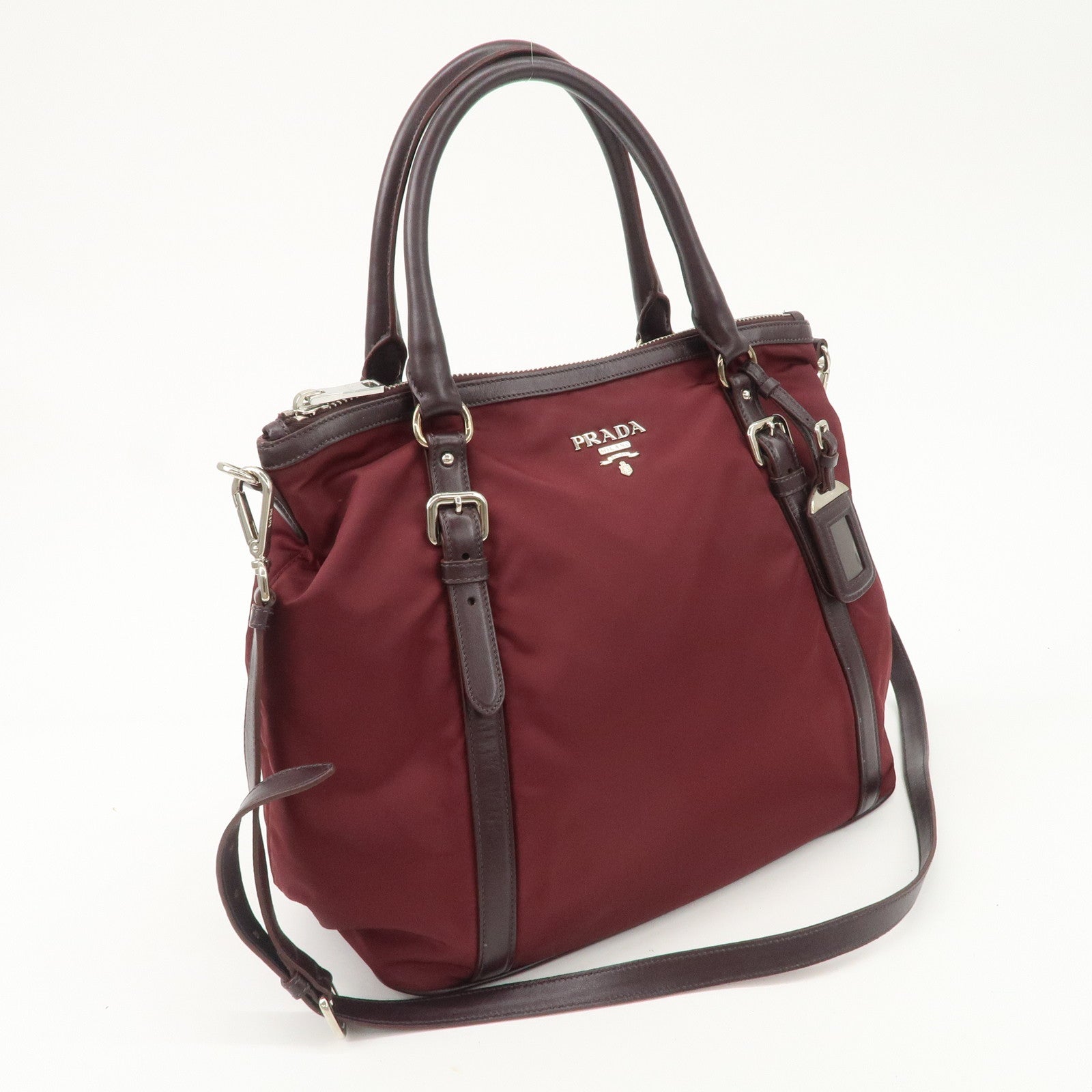 Prada Logo Tessuto Nylon Hand Bag Shoulder Bag Burgundy Red BR5116 Used