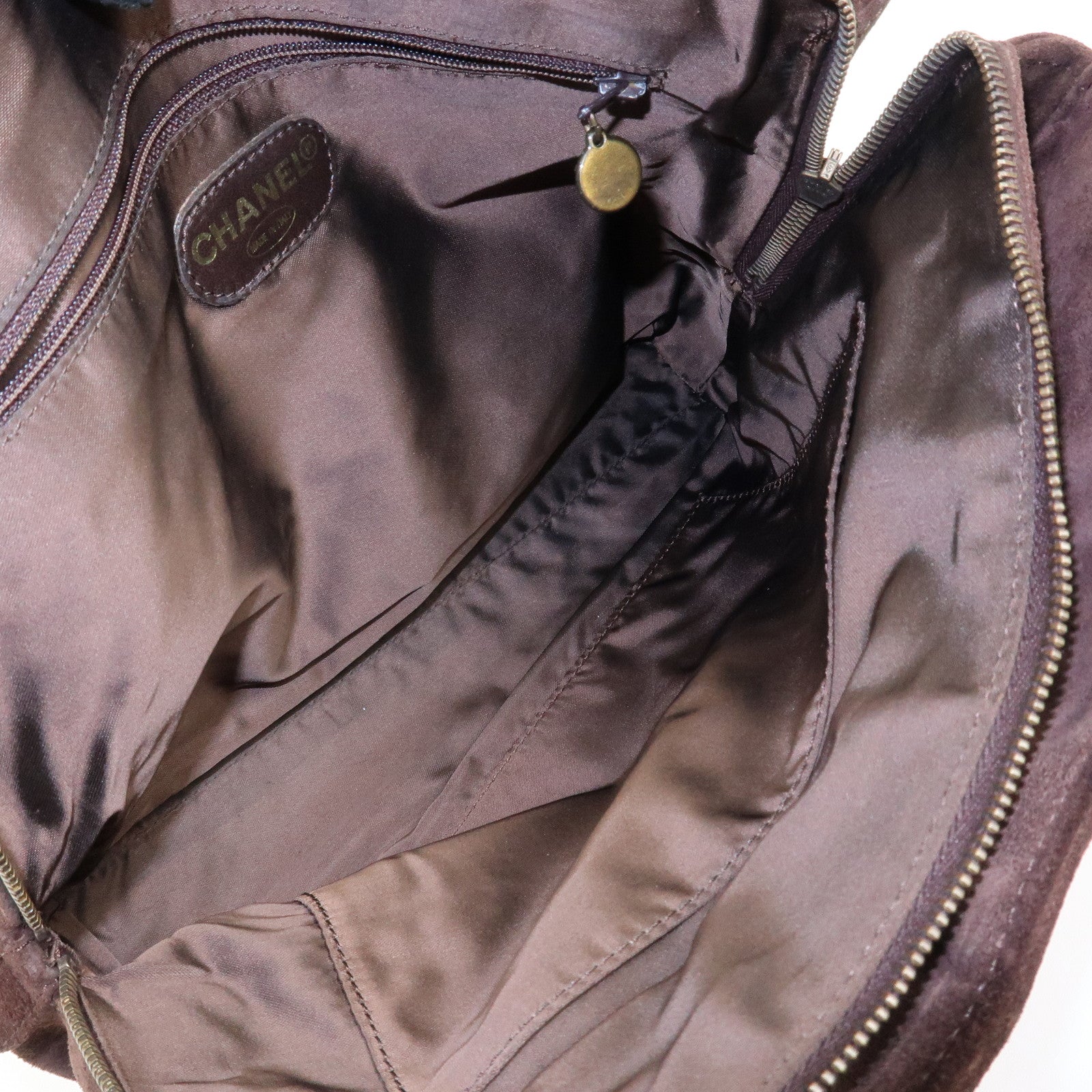 CHANEL Logo Suede Chain Tote Bag Shoulder Bag Brown