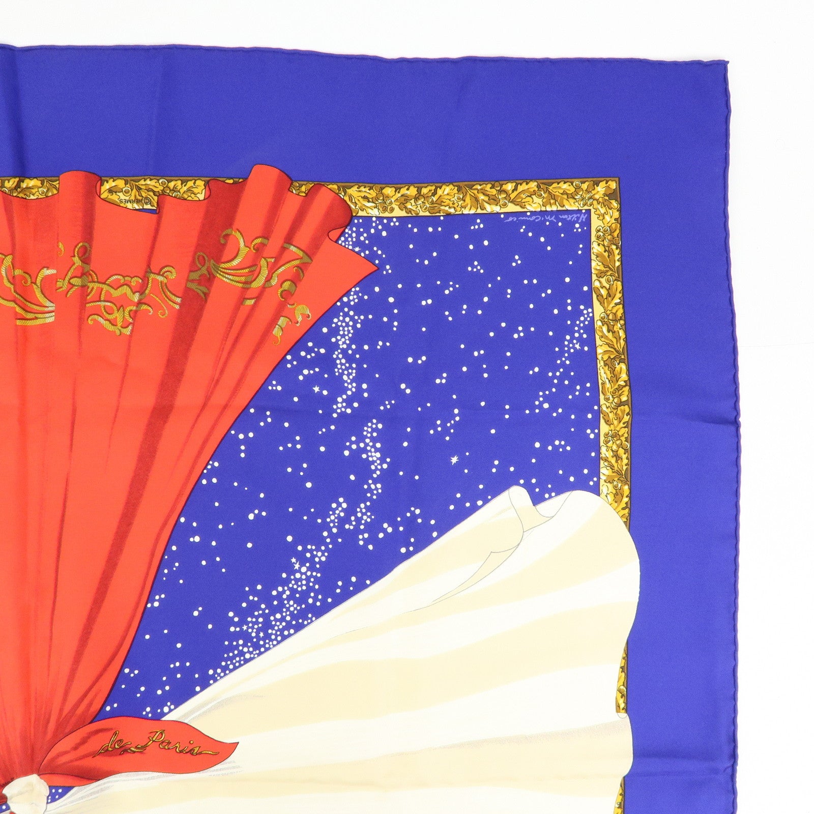 HERMES Carre 90 Silk 100% Scarf Souvenirs de Paris Blue Red Beige