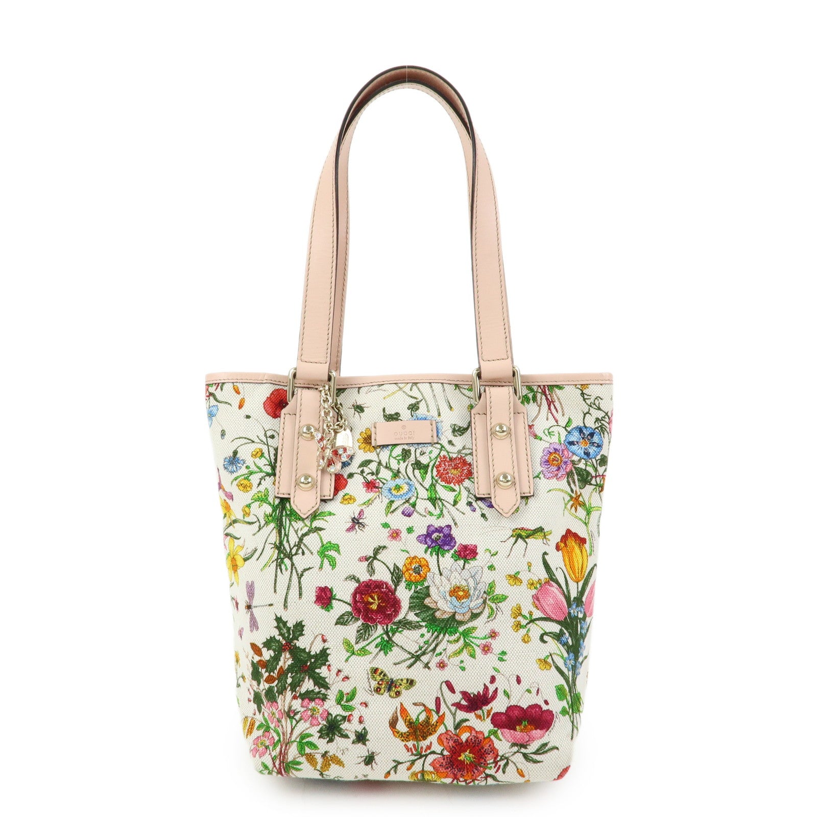 GUCCI Flora Flower Motif Canvas Leather Tote Bag White Pink 240018
