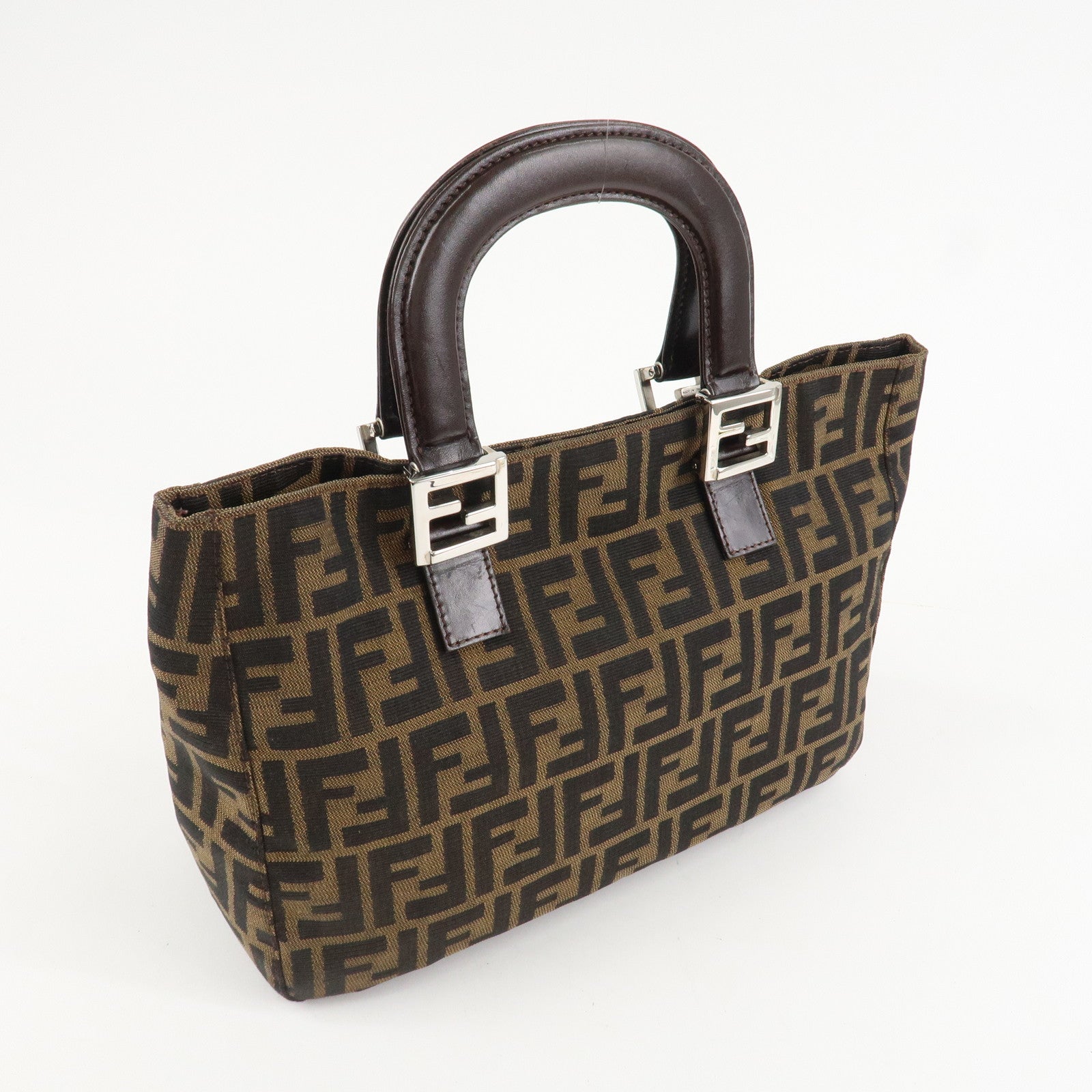 FENDI Zucca Canvas Leather Tote Bag Hand Bag Black Brown 26693 Used