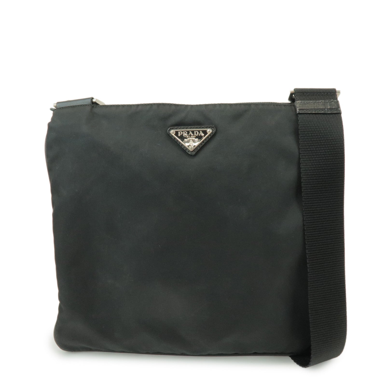PRADA Triangle Logo Nylon Saffiano Leather Shoulder Bag Black