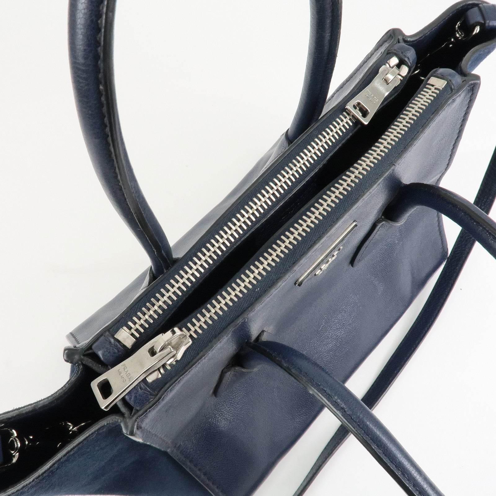 PRADA Triangle Logo Leather 2Way Bag Tote Bag Hand Bag Navy B2625M