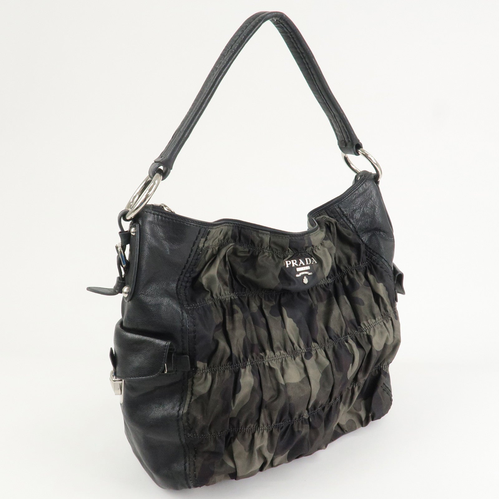 PRADA Logo Nylon Leather Gathered 2Way Shoulder Hand Bag BN4586