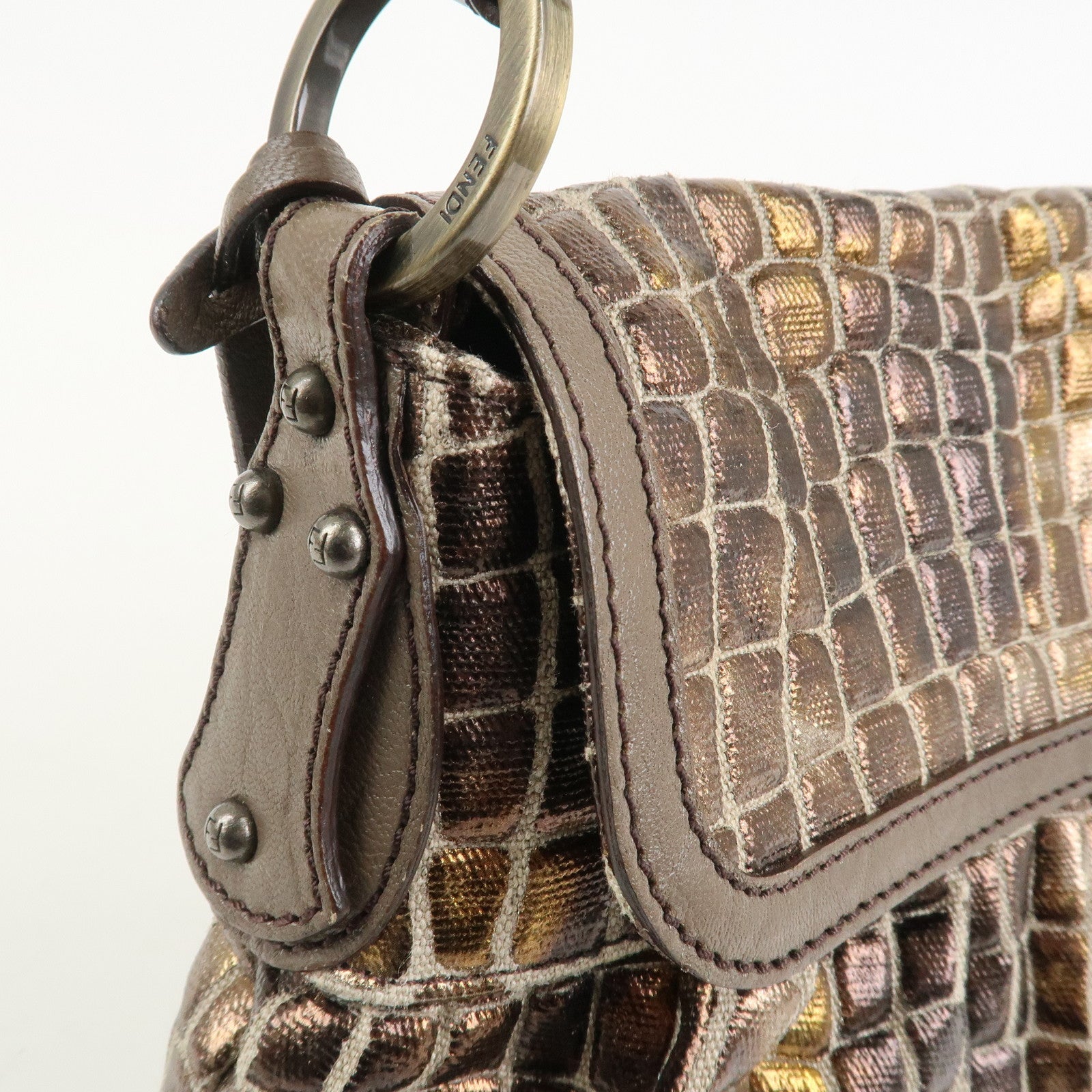 FENDI Canvas Leather Shoulder Bag Hand Bag Metallic Brown 8BR445