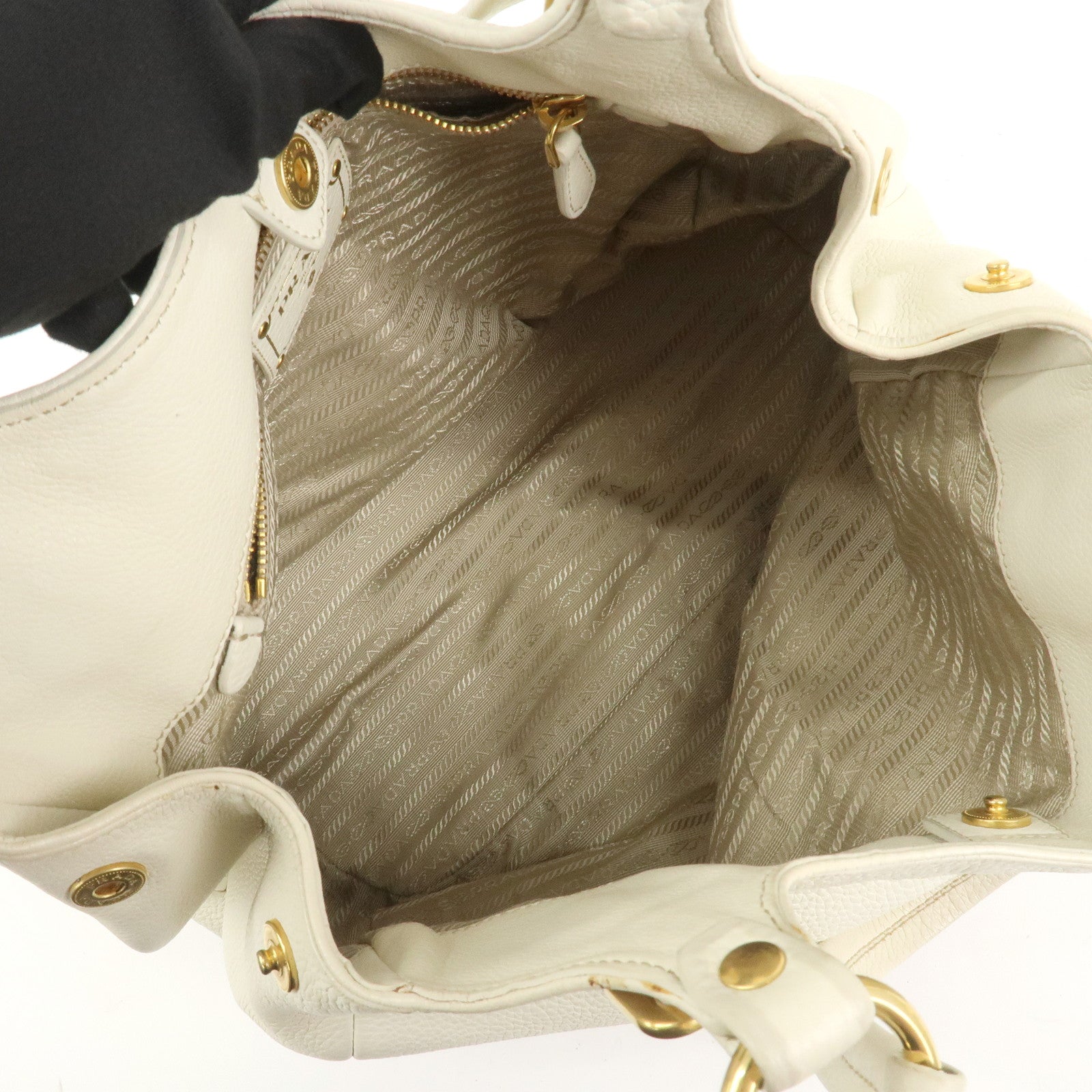 PRADA Logo Leather Shoulder Bag Hand Bag Ivory Gold BR4085