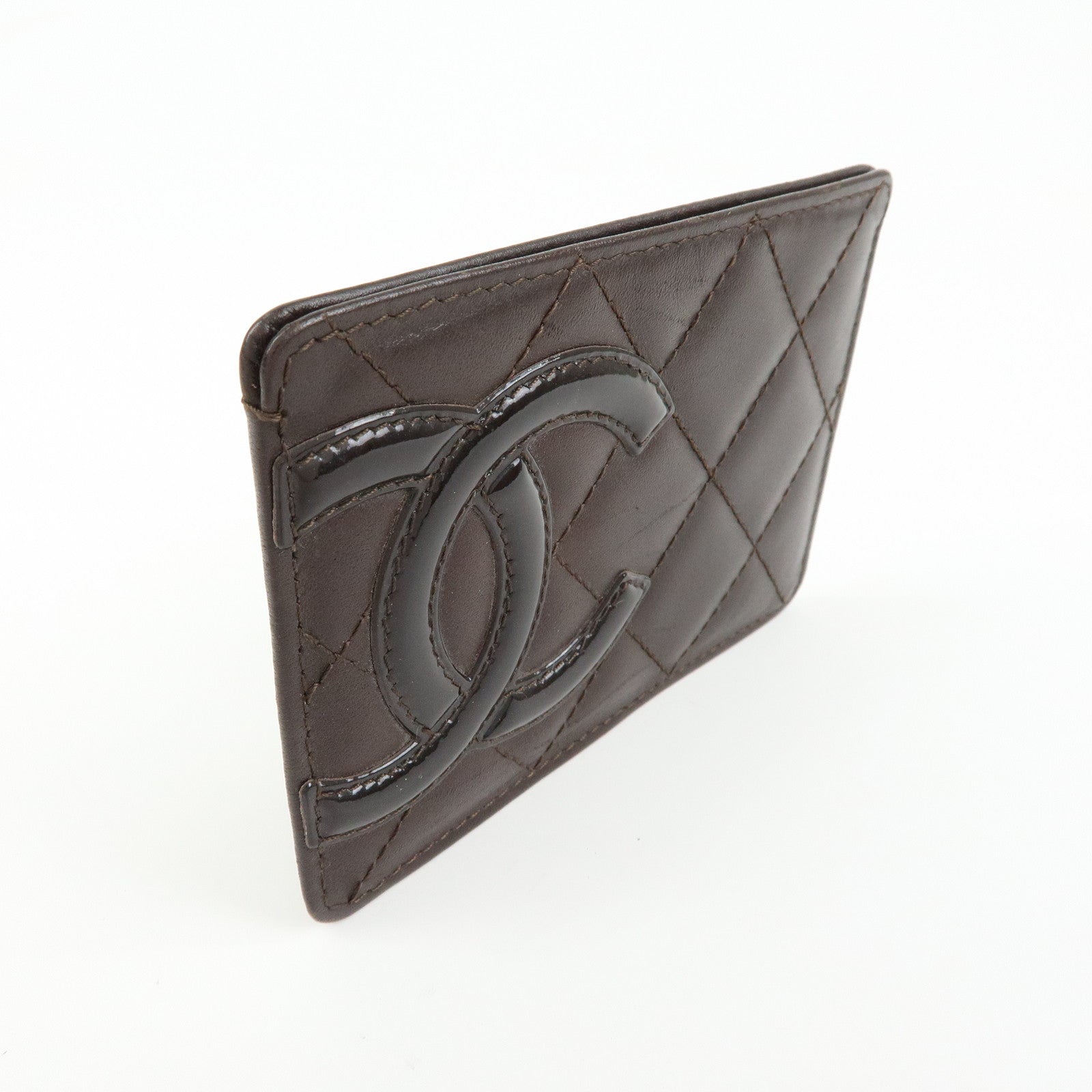 CHANEL Cambon Line COCO Mark Lamb Skin Leather Card Case A26725