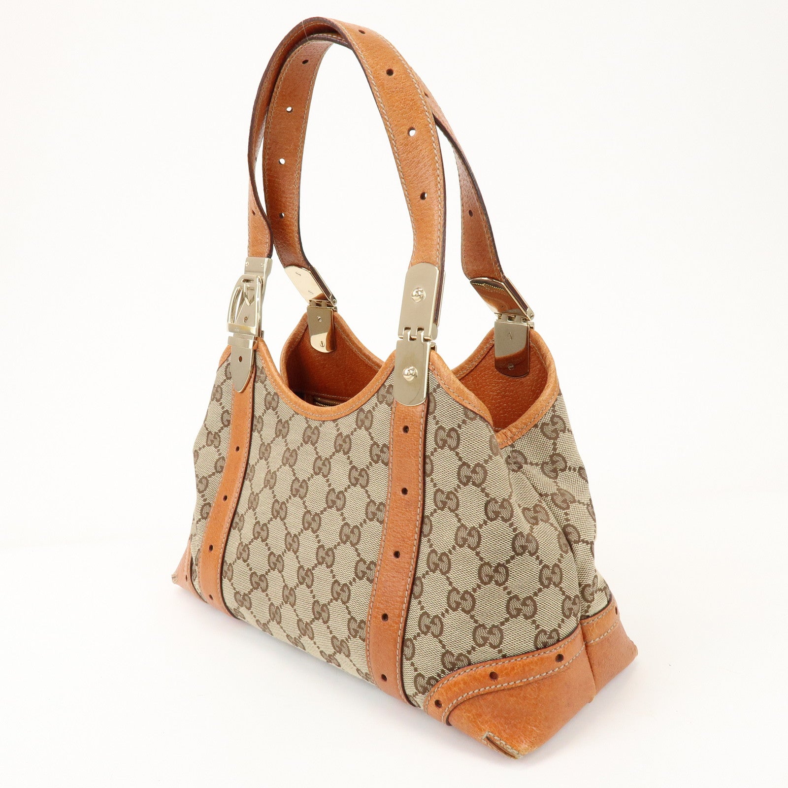 GUCCI GG Monogram Canvas Leather Shoulder Bag Brown 145761