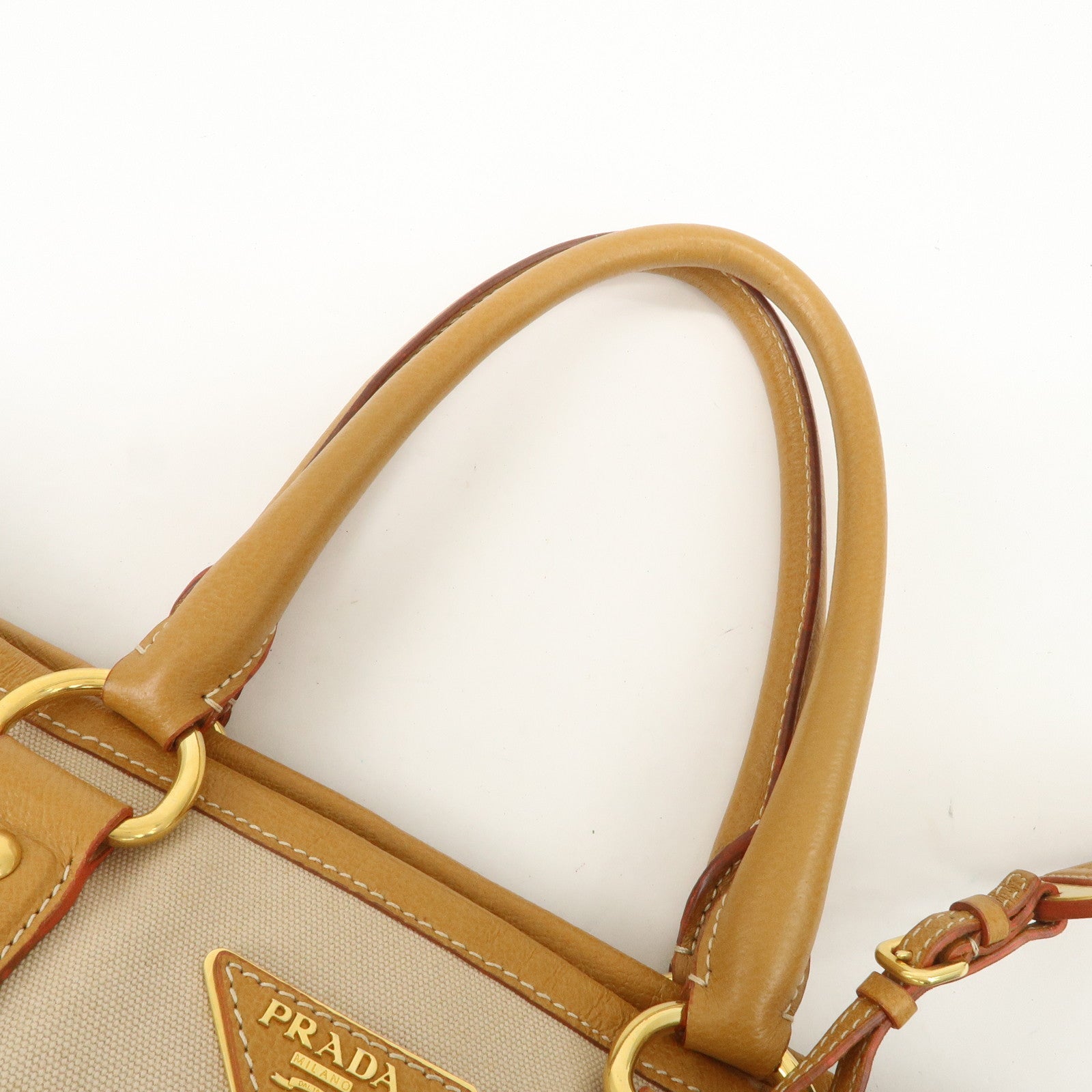 PRADA Triangle Logo Leather Canvas 2 Way Tote Bag Beige Brown