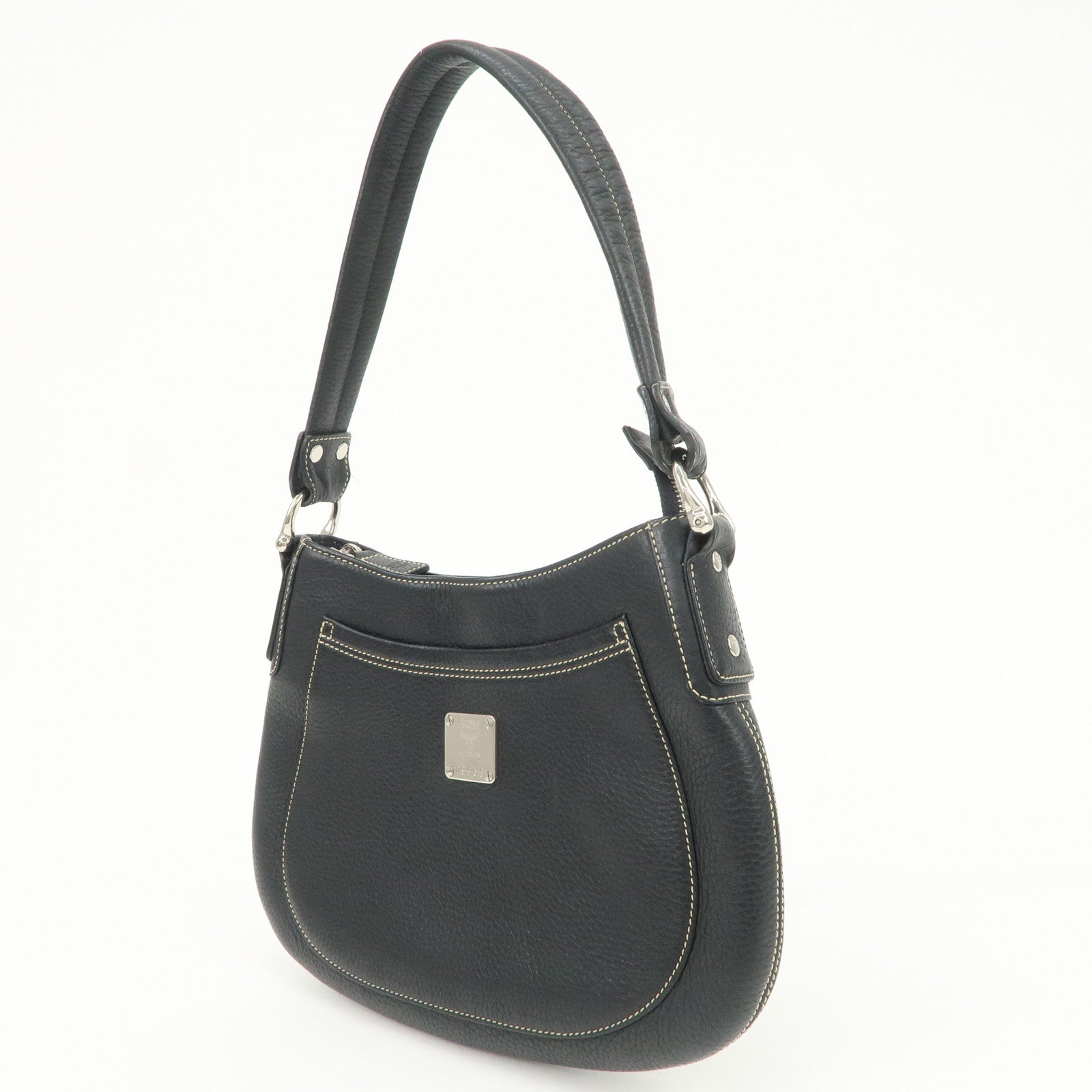 MCM Logo Plate Leather Shoulder Bag Hand Bag Black