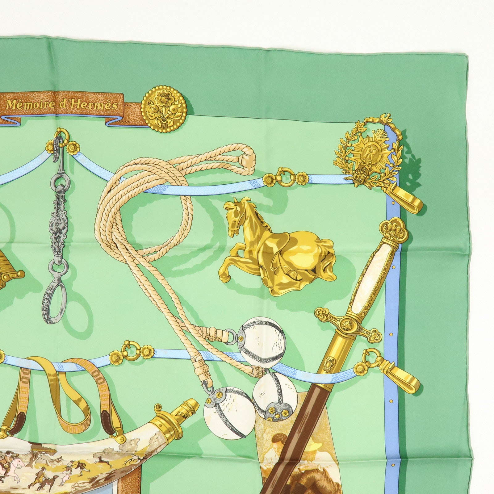 HERMES Carre 90 Silk 100% Memoire d'Hermes Scarf Green Brown Gold
