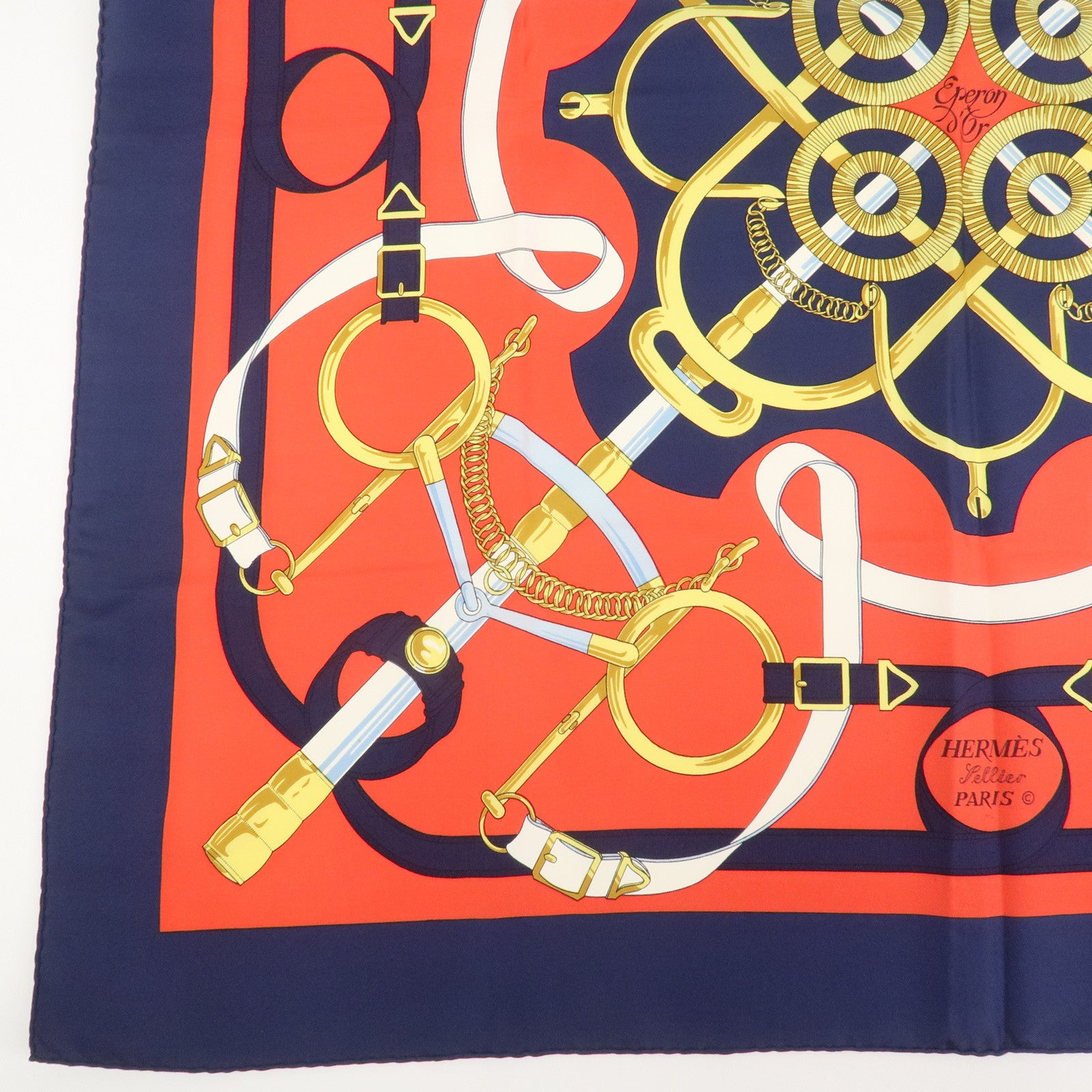 HERMES Carre 90 Silk 100% Scarf Eperon d'or White Navy
