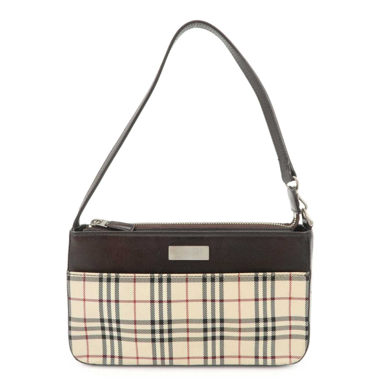 BURBERRY Leather Canvas Shoulder Bag Nova Plaid Brown