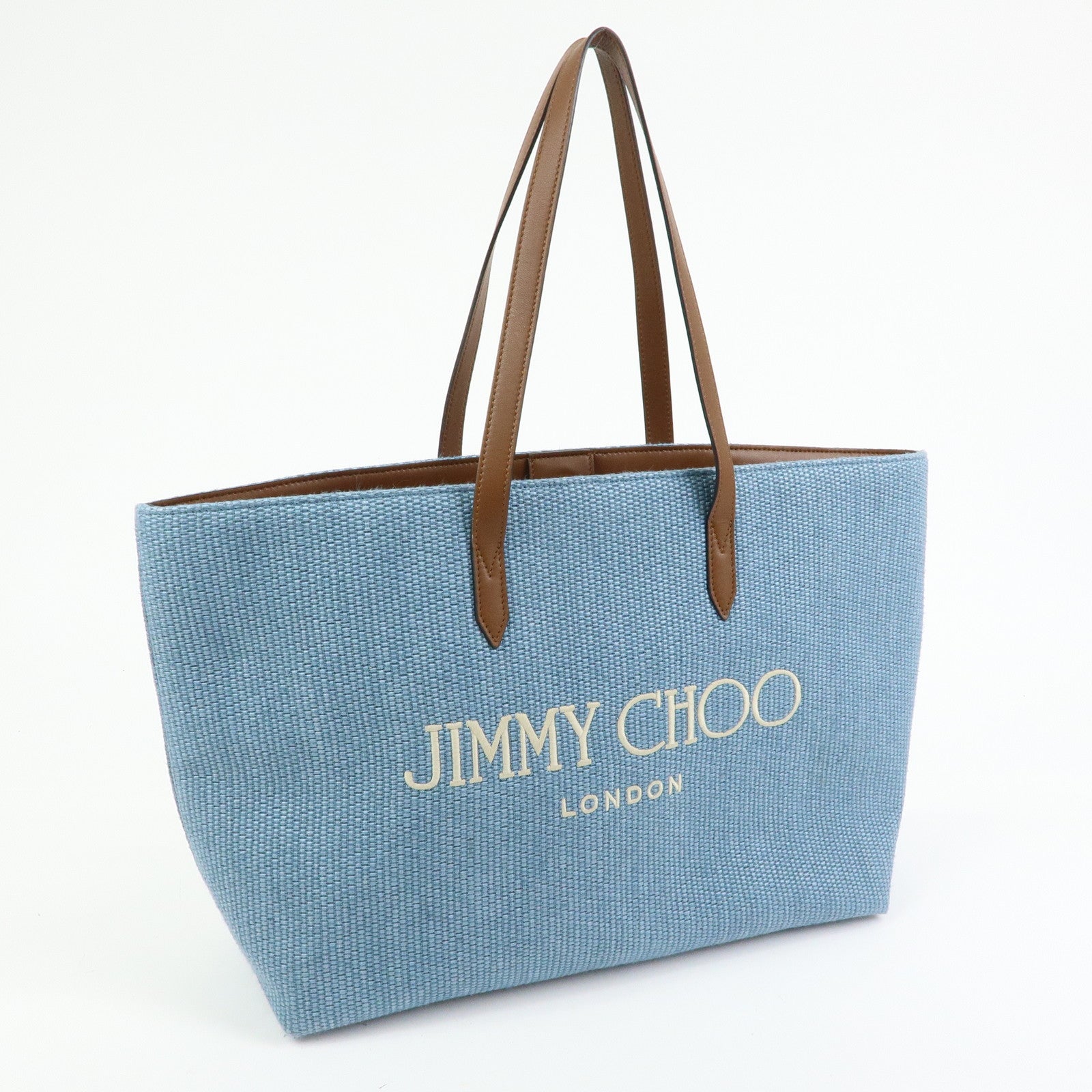 JIMMY CHOO Raffia Leather Tote Bag Shoulder Bag Blue Brown