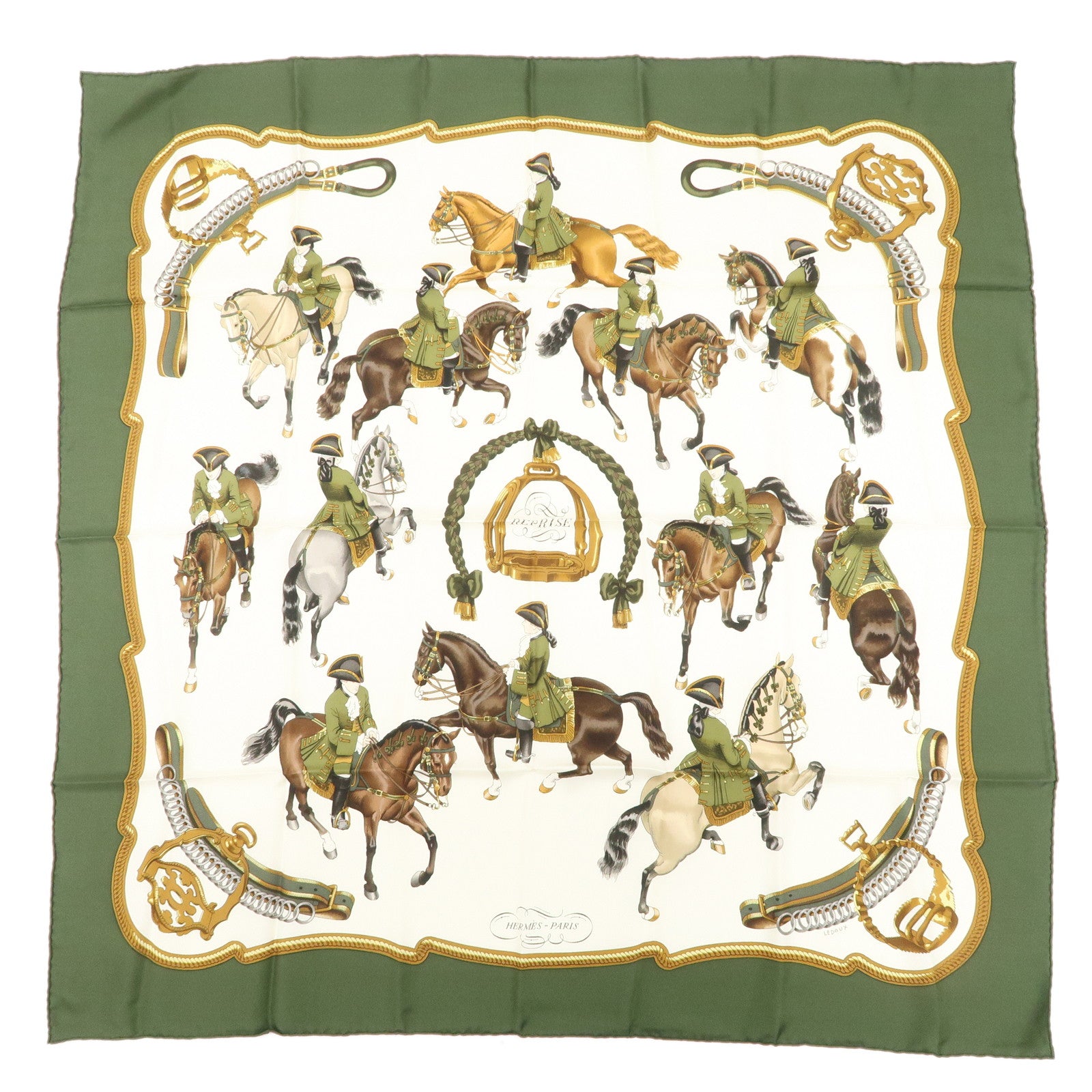 HERMES Carre 90 Silk 100% Scarf REPRISE Brown Khaki White Used