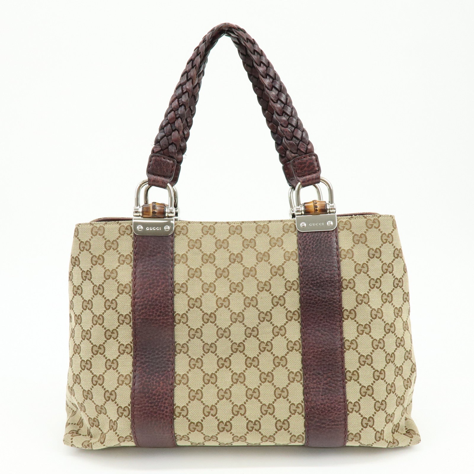 GUCCI Bamboo GG Canvas Leather Tote Hand Bag Beige Purple 232947