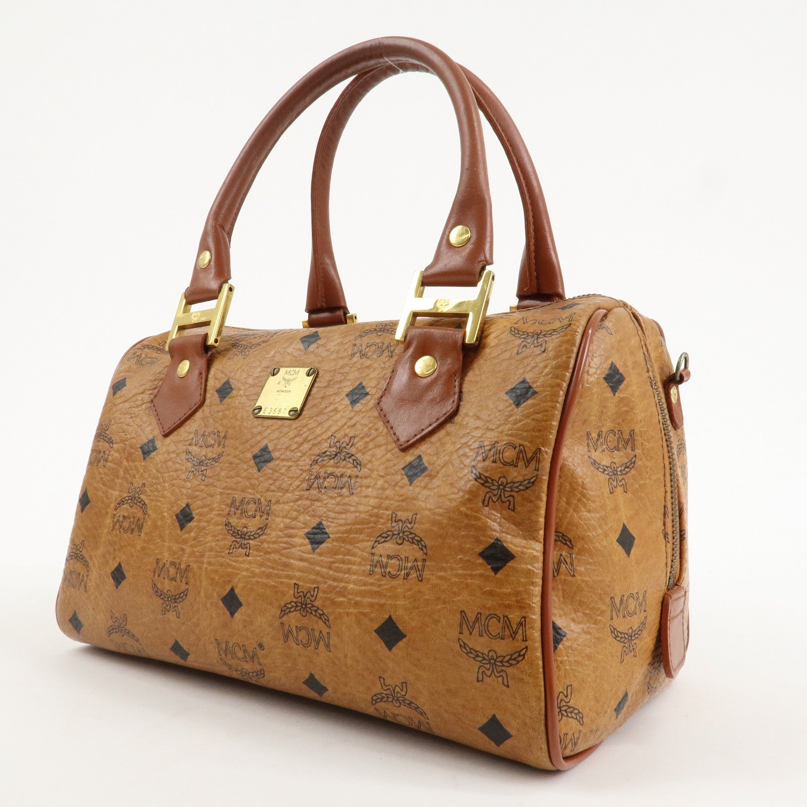 MCM Visetos Leather Boston Bag Hand Bag Brown Gold Hardware Used